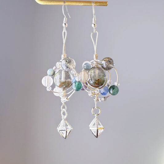 Solar System - Natural Green Phantom Quartz and Crystals Wire Wrapped Planet Earrings