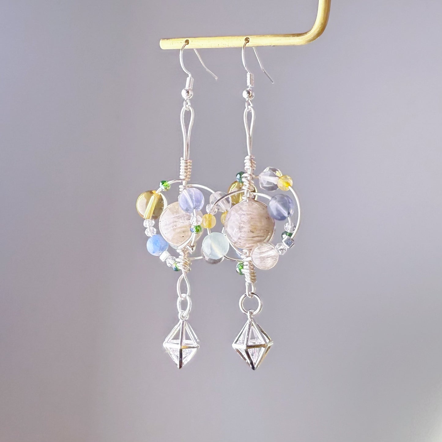 Solar System - Natural Phantom Quartz and Crystals Wire Wrapped Celestial Earrings