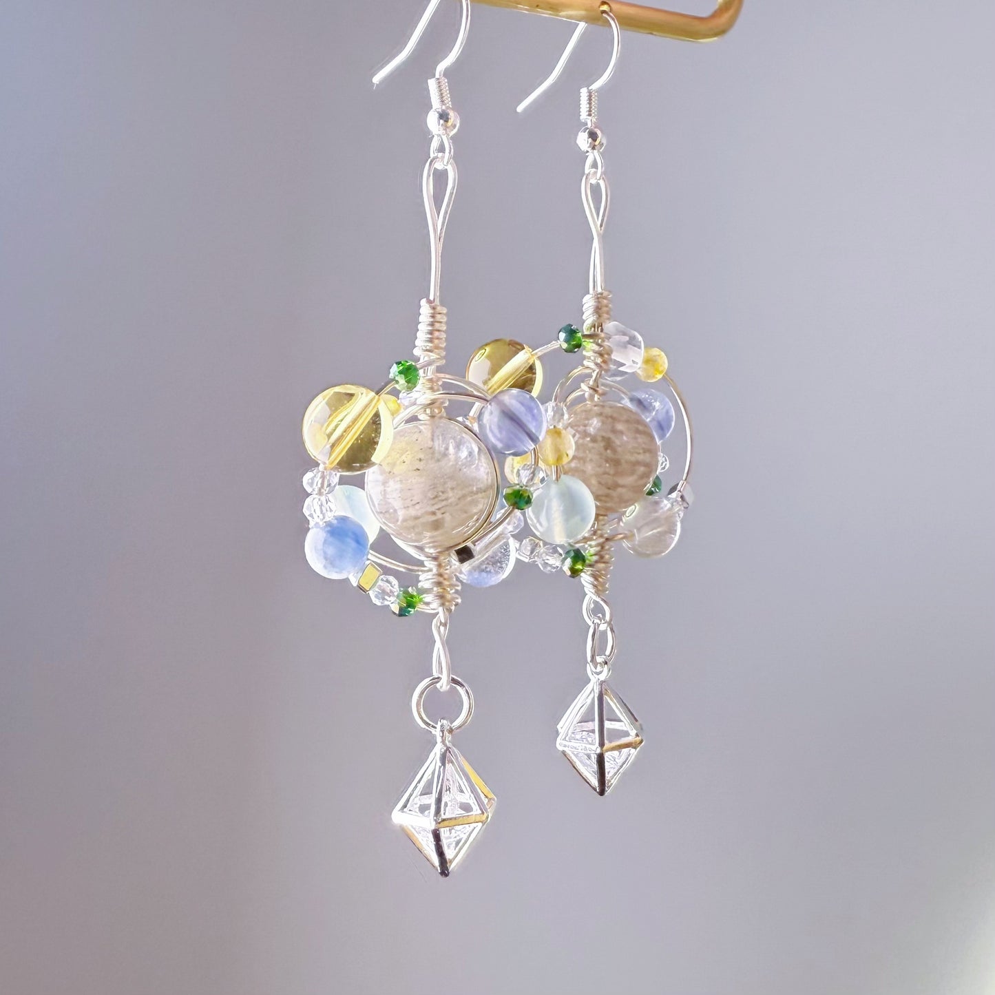 Solar System - Natural Phantom Quartz and Crystals Wire Wrapped Celestial Earrings