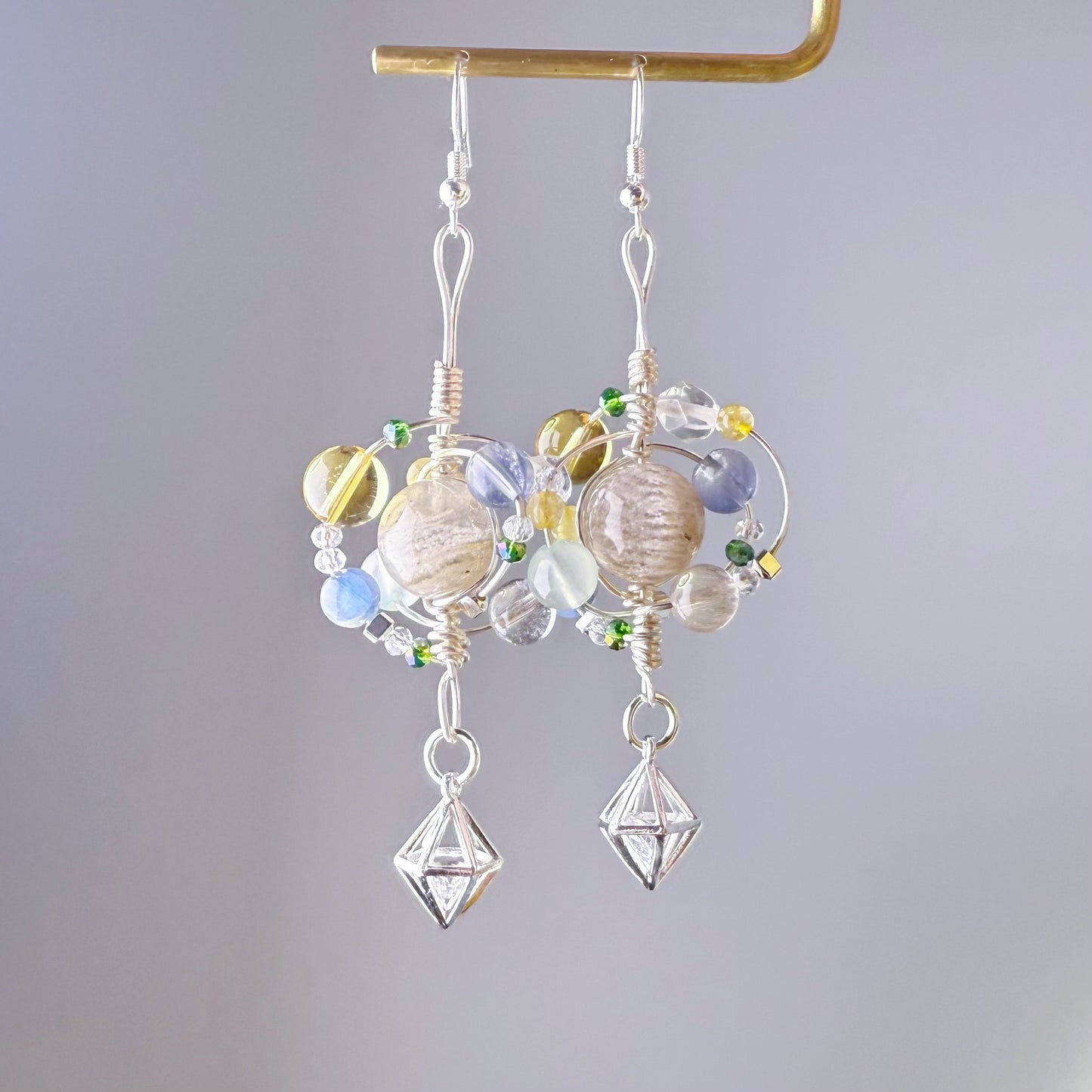 Solar System - Natural Phantom Quartz and Crystals Wire Wrapped Celestial Earrings