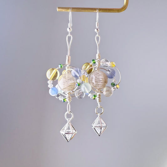 Solar System - Natural Phantom Quartz and Crystals Wire Wrapped Celestial Earrings