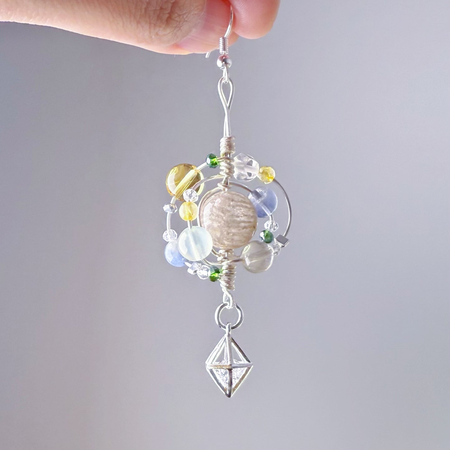 Solar System - Natural Phantom Quartz and Crystals Wire Wrapped Celestial Earrings