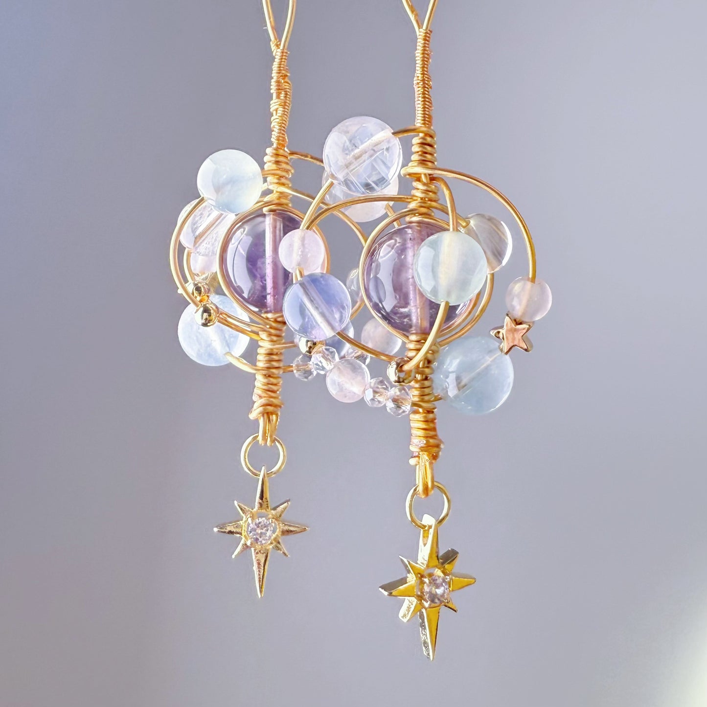 Solar System - Natural Amethyst and Crystals Wire Wrapped Celestial Earrings