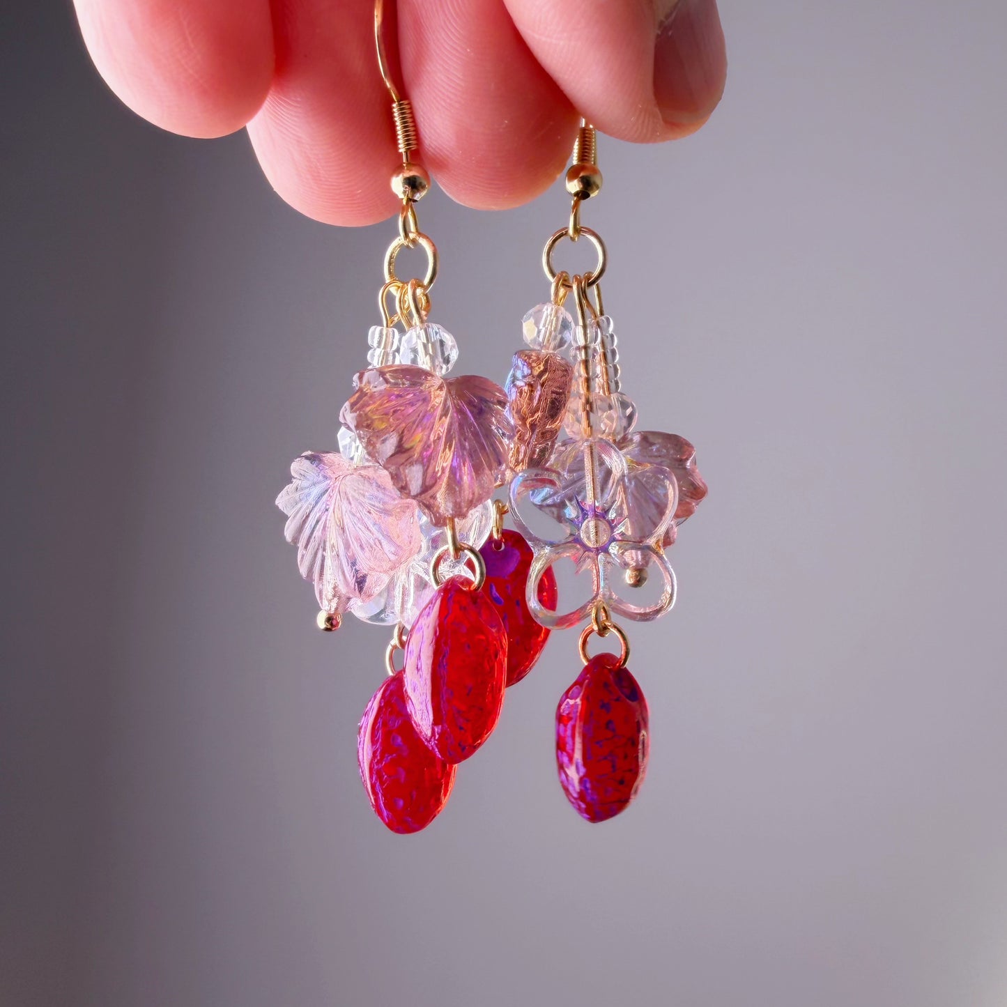 Handmade Glass Red Purple Strawberries Flower and Leaves Earrings
