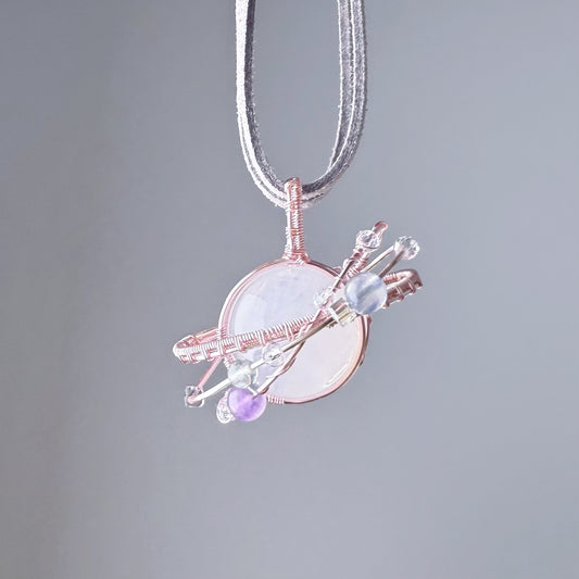 Planet - Natural Blue Needle Quartz Crystal Planet Wire Wrapped Necklace