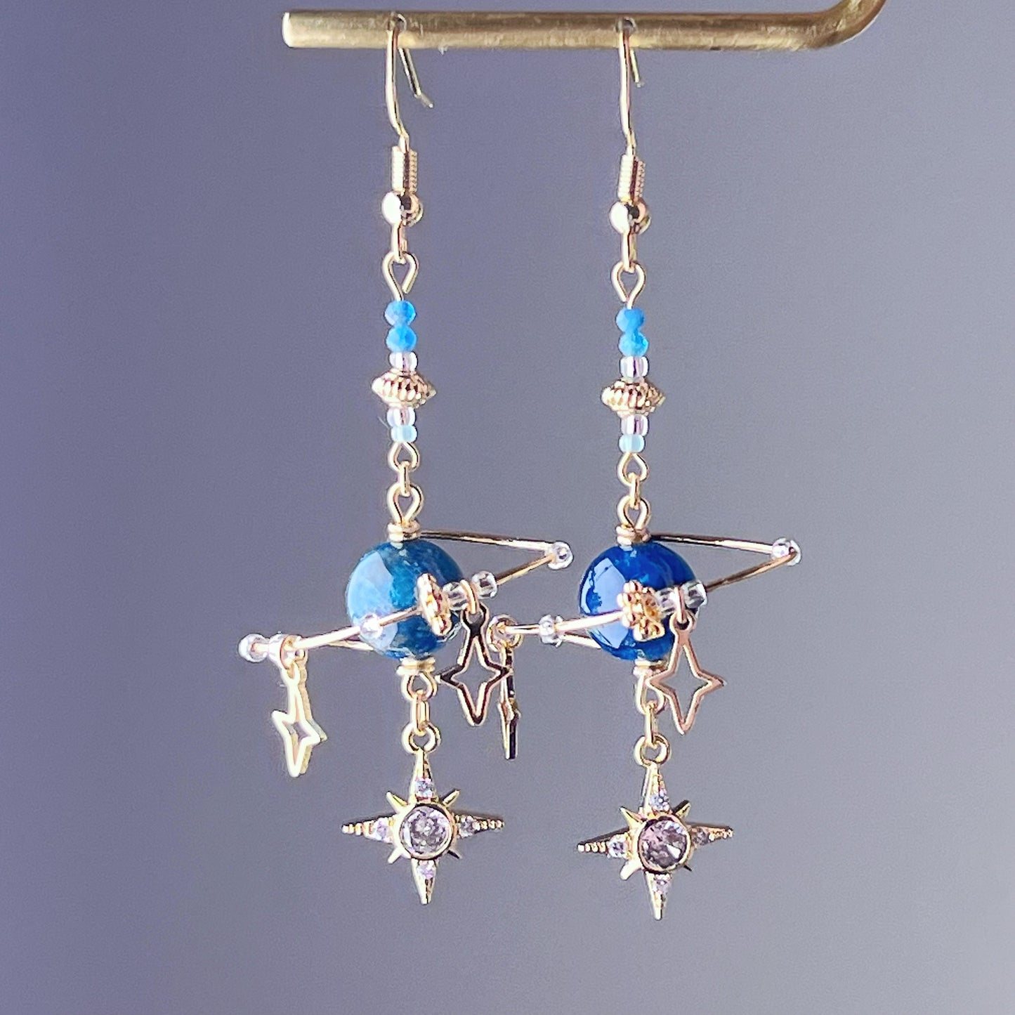 Green Apatite Planet and Stars Drop Earrings-Ninaouity