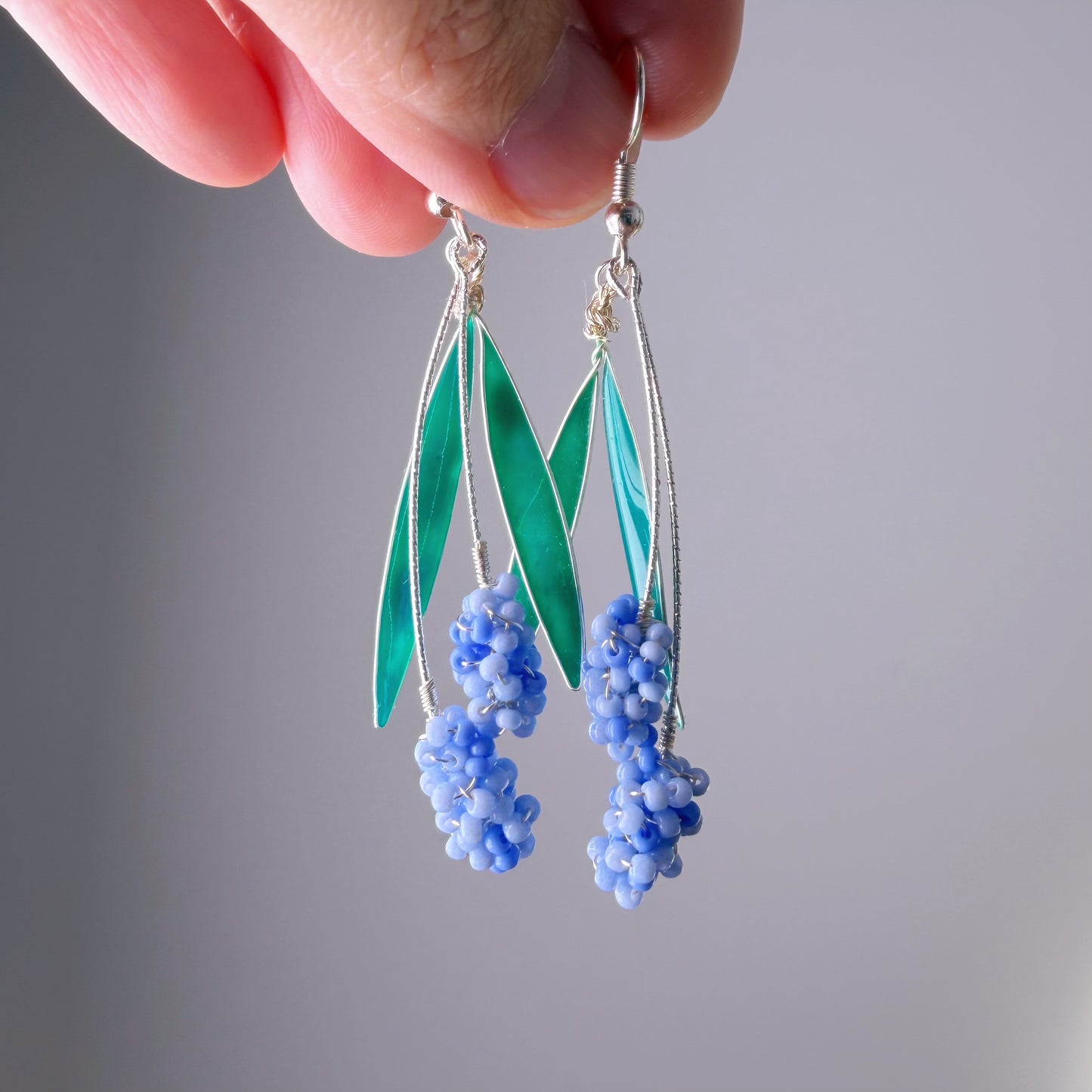 Handmade Purple Blue Small Hyacinth Flowers Silver Dangle Earrings