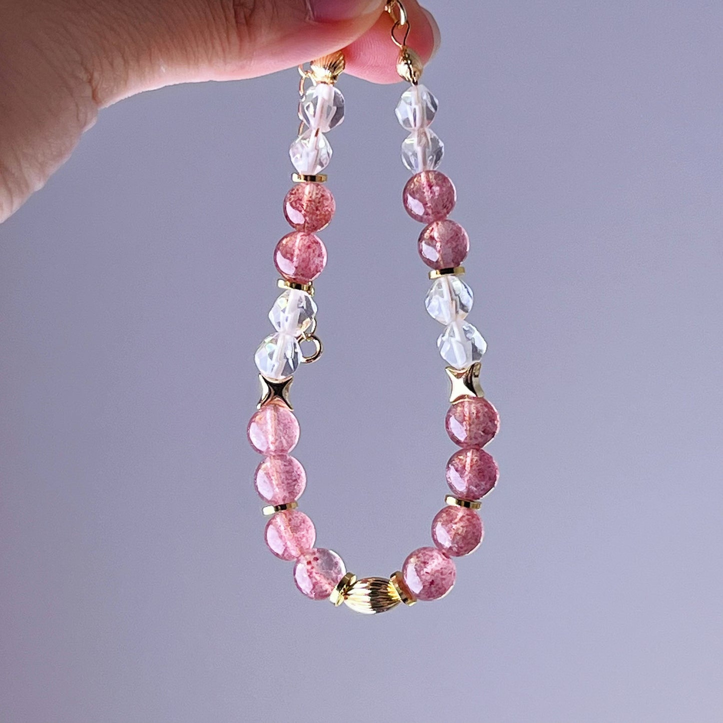 Strawberry Quartz and Clear Quartz Crystal Bracelet-Ninaouity