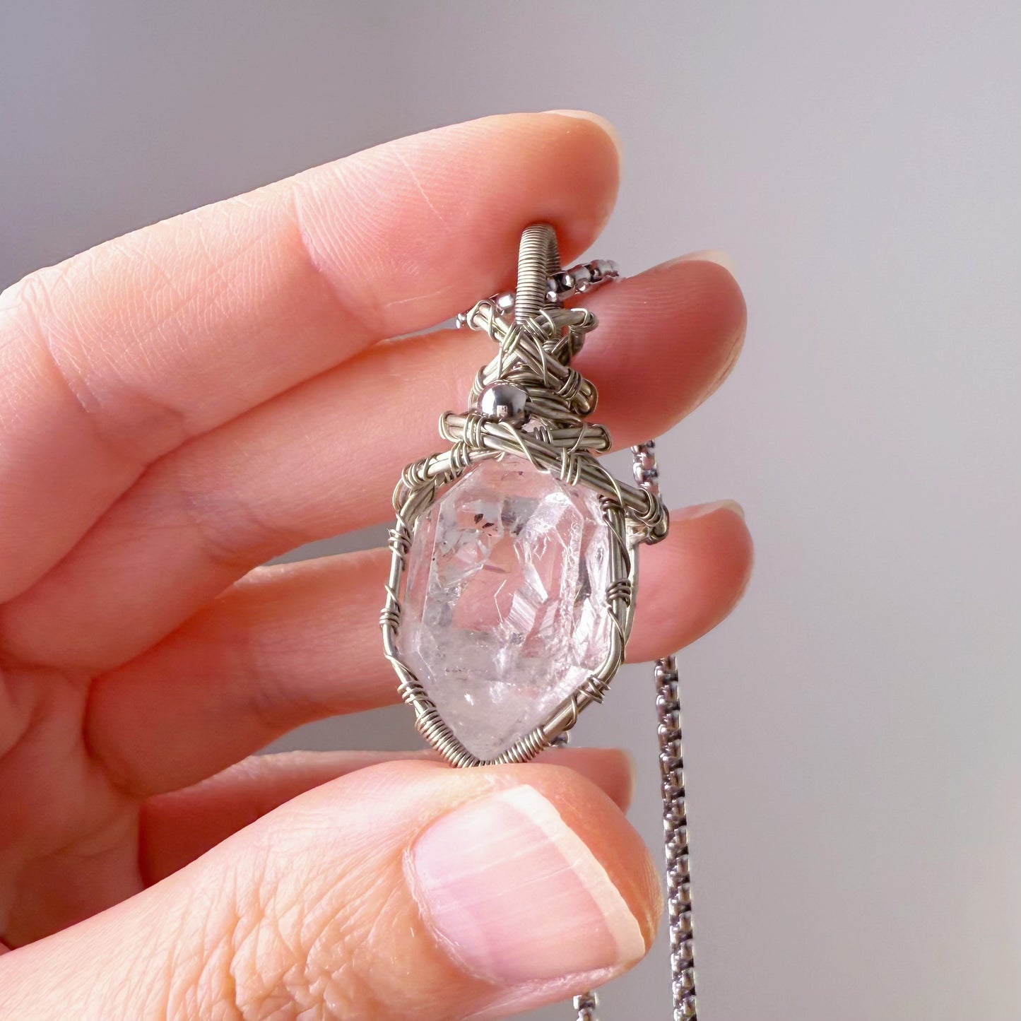 Handmade Herkimer Diamond Crystal Copper Wire Wrapped Necklace
