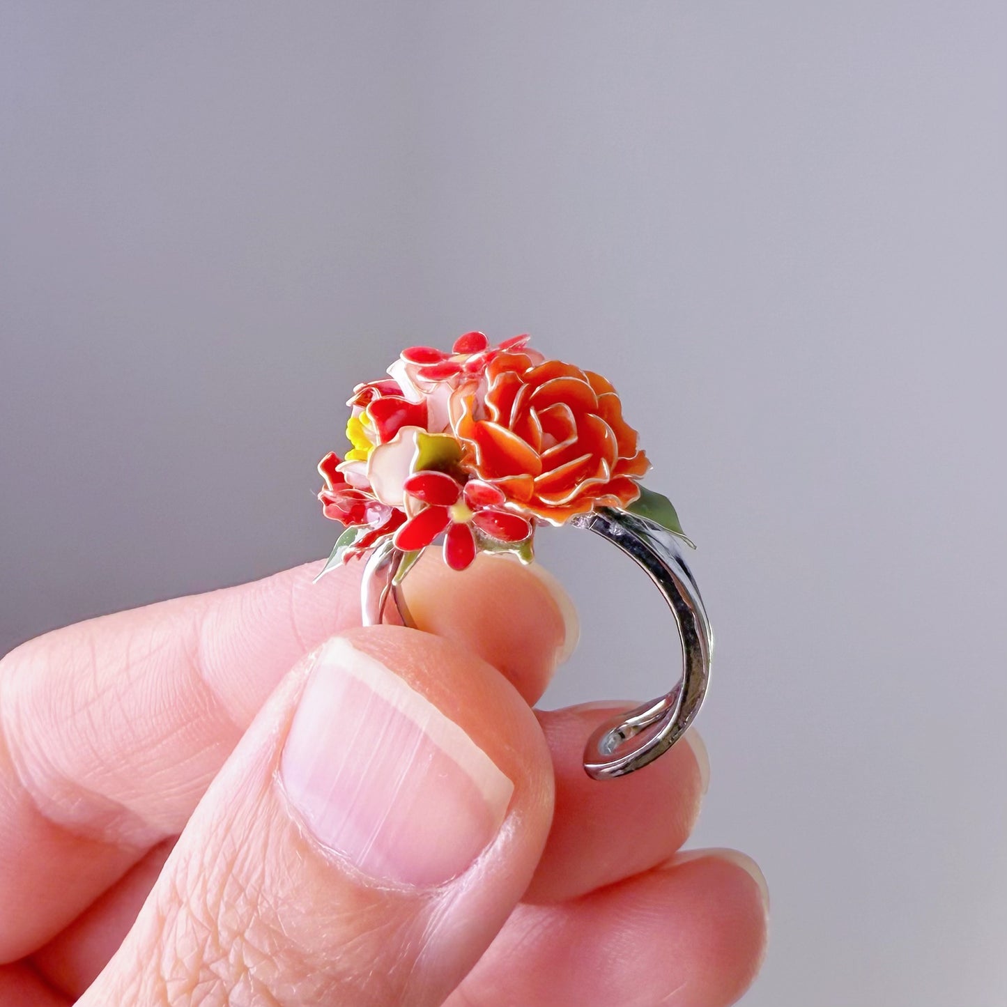 Handmade Rose and Camellia Early Summer Flowers Bouquet Ring