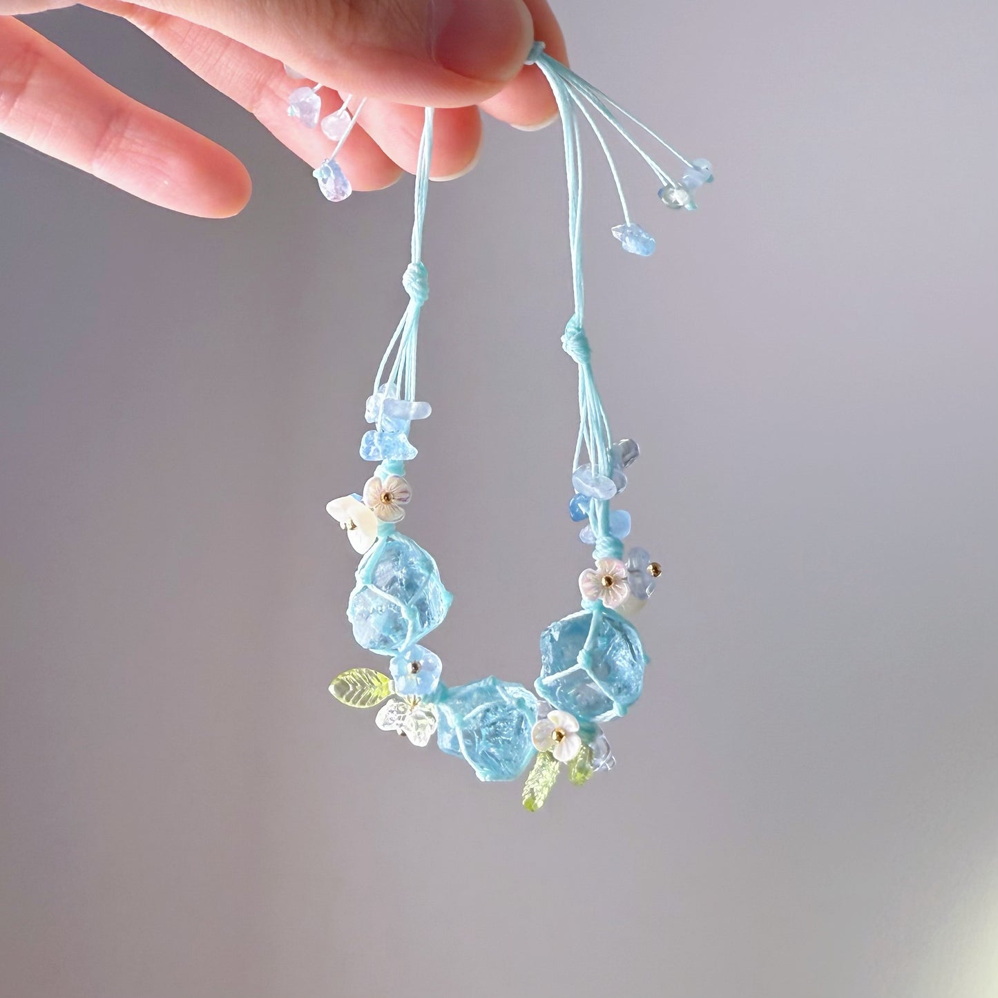 Quartzberry - Throat and Heart Chakra Blue Aquamarine Crystal Handmade Macrame Bracelet