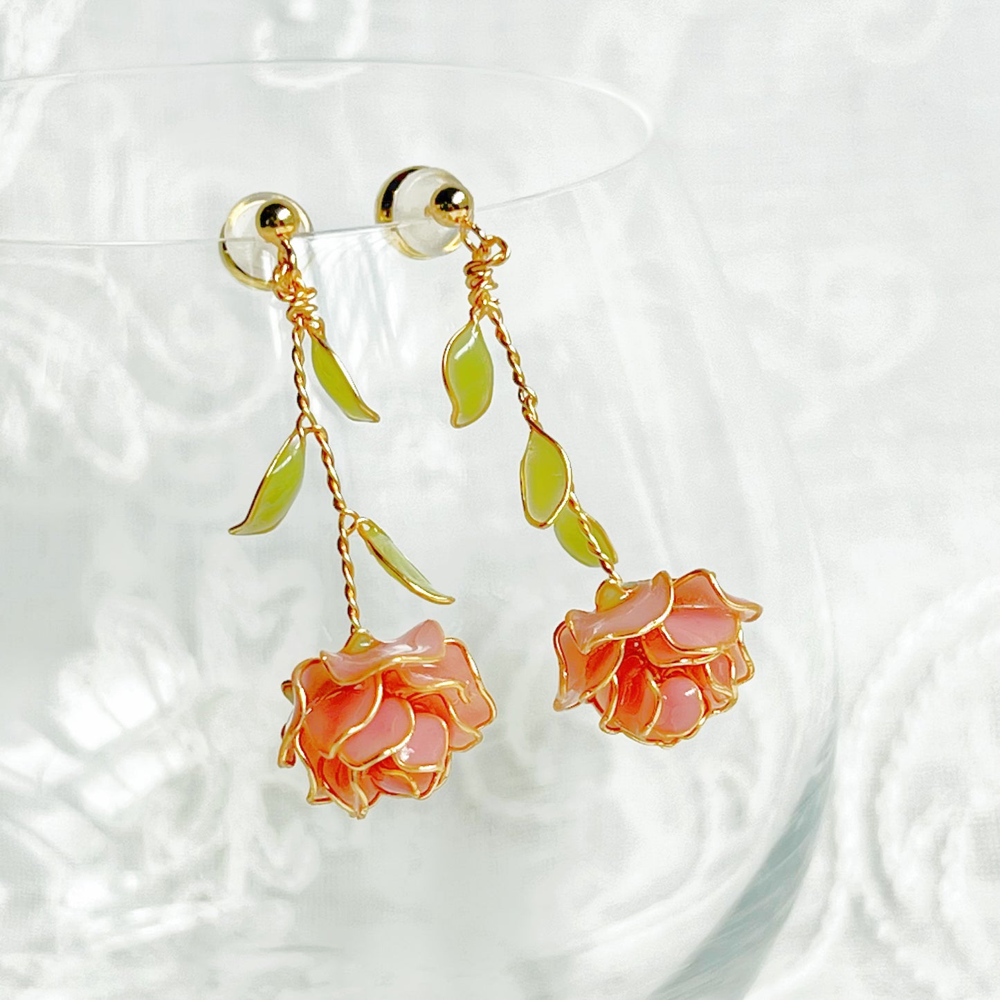 Handmade Pink Rose Flower Earrings-Ninaouity