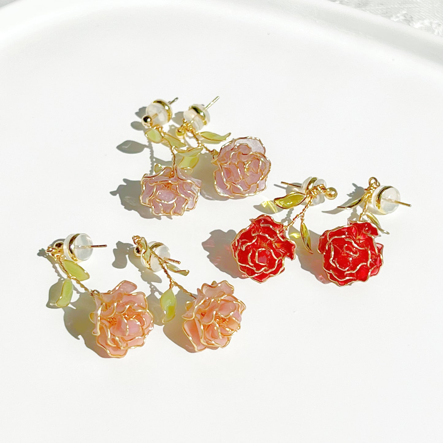 Handmade Pink Rose Flower Earrings-Ninaouity