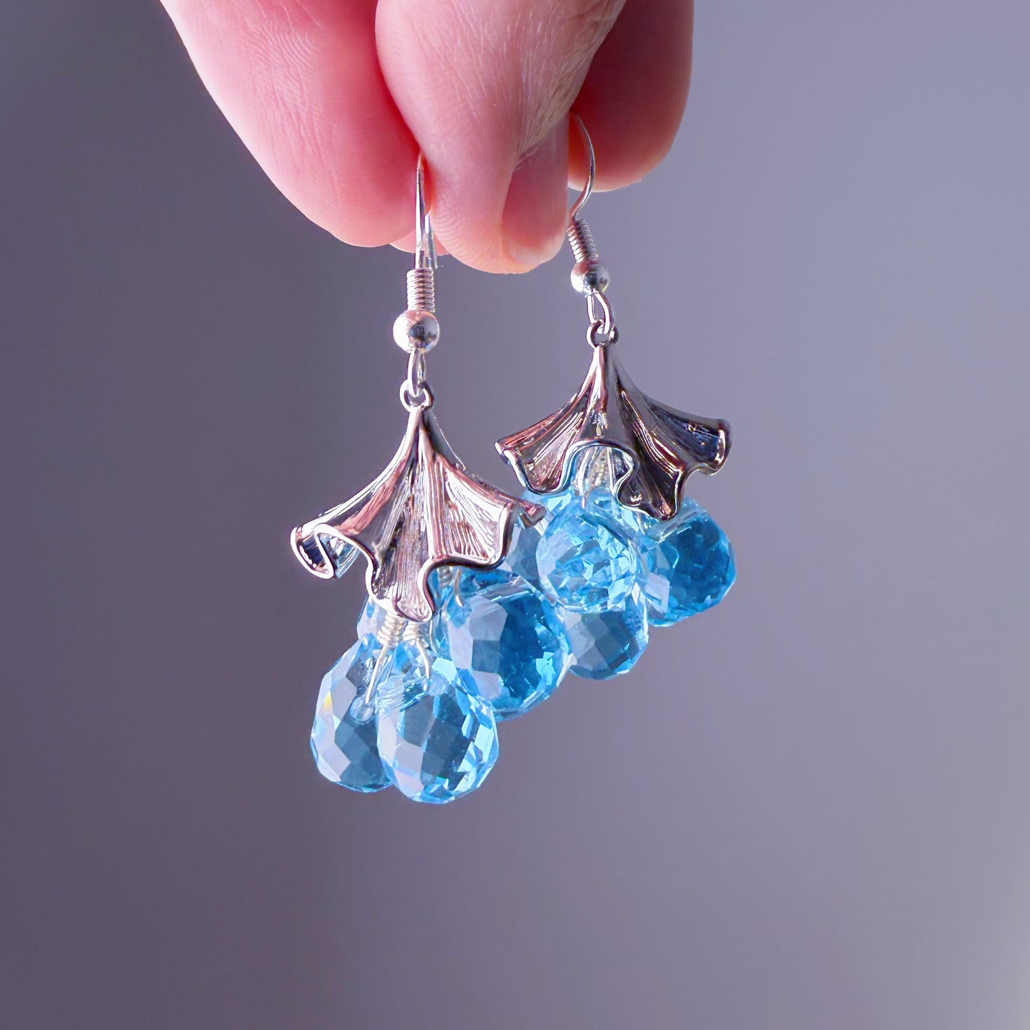 Handmade Silver Ginkgo Leaves and Blue Fruits Dangle Earrings