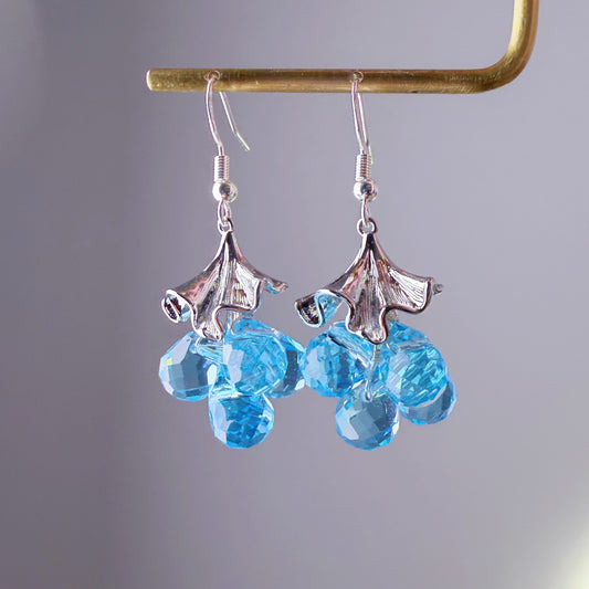 Handmade Silver Ginkgo Leaves and Blue Fruits Dangle Earrings