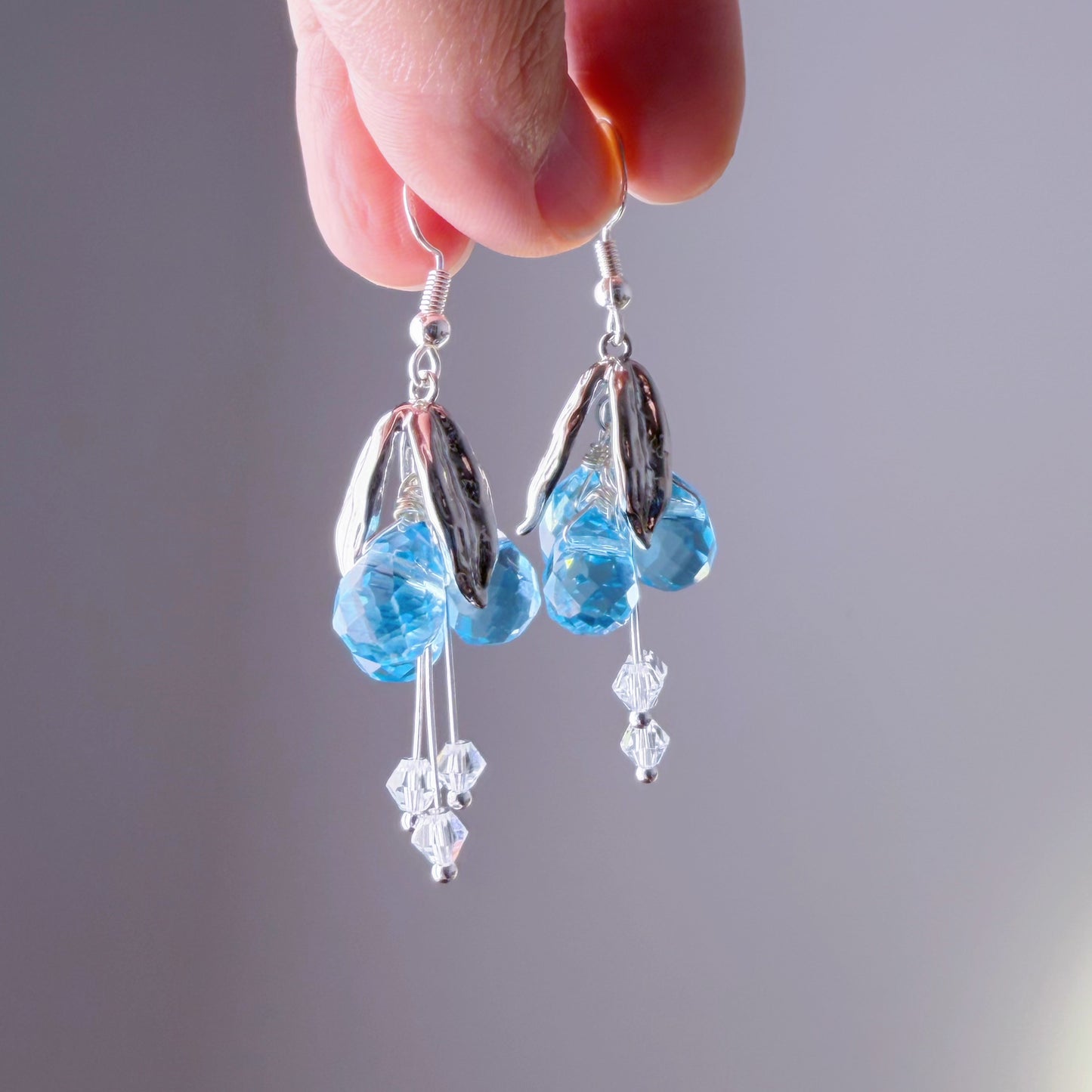 Handmade Wild Swiss Blue Berries and Silver Leaves Earrings