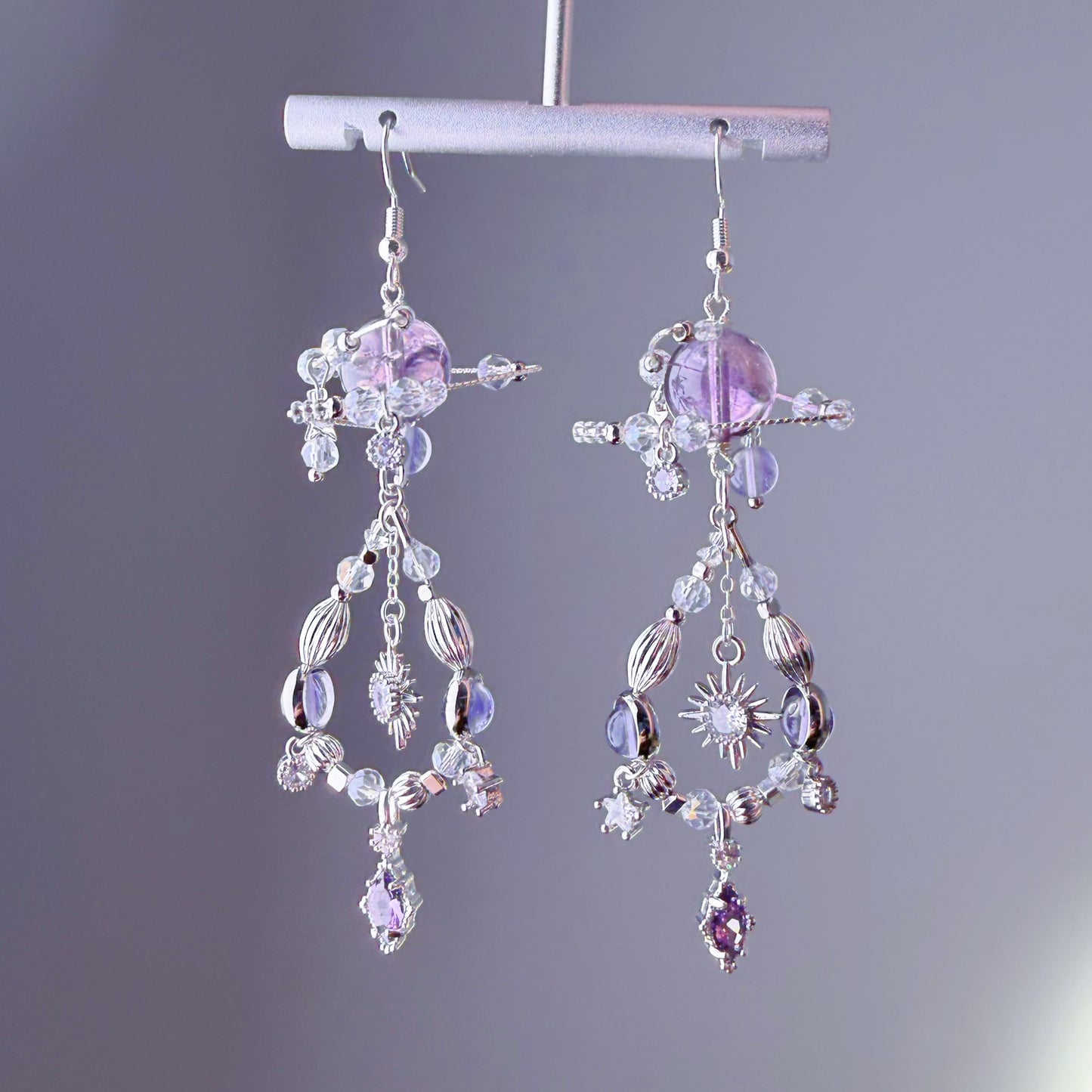 Amethyst Planets in Sky Celestial Dangle Silver Earrings