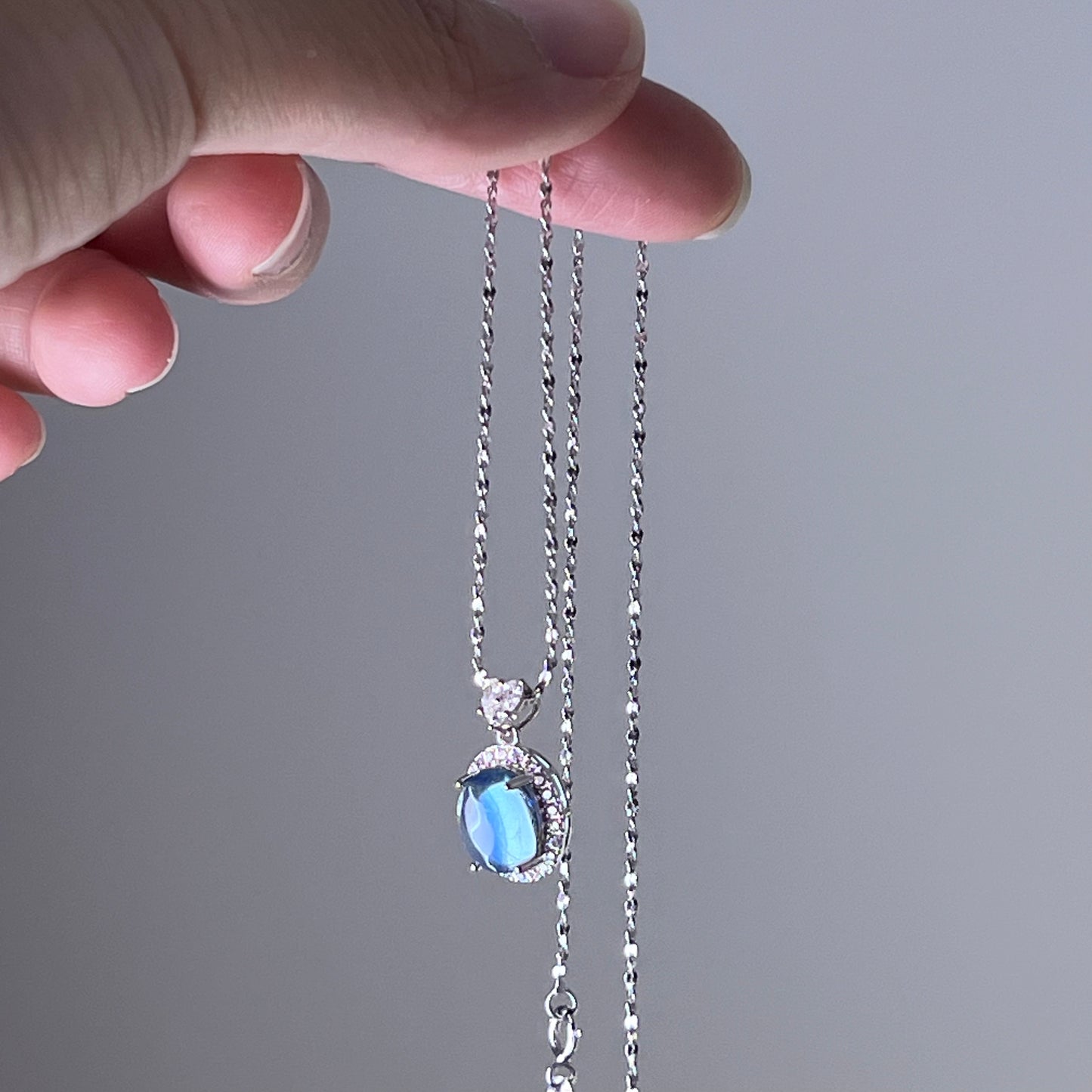 Blue Aquamarine Oval Cabochon Cut Silver Necklace-Ninaouity