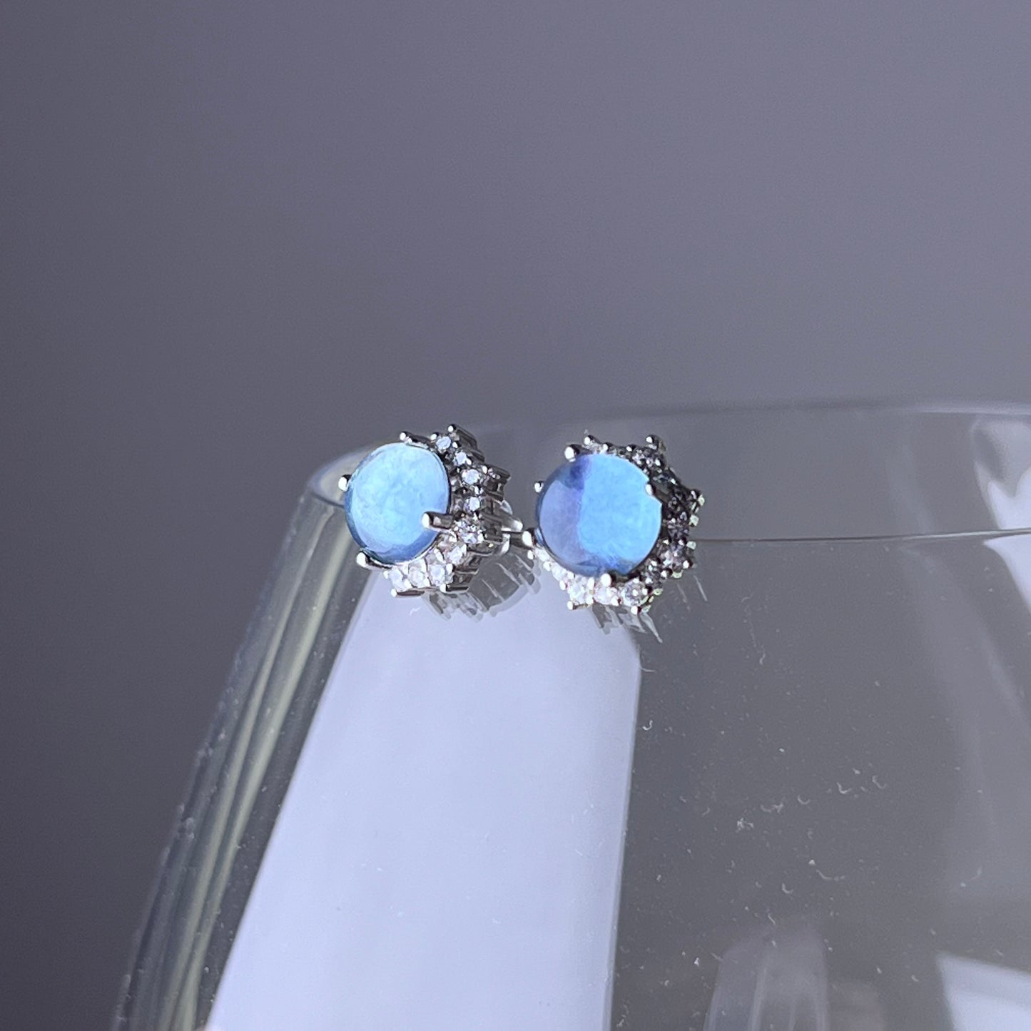 Blue Aquamarine Round Cabochon Cut Silver Earrings-Ninaouity
