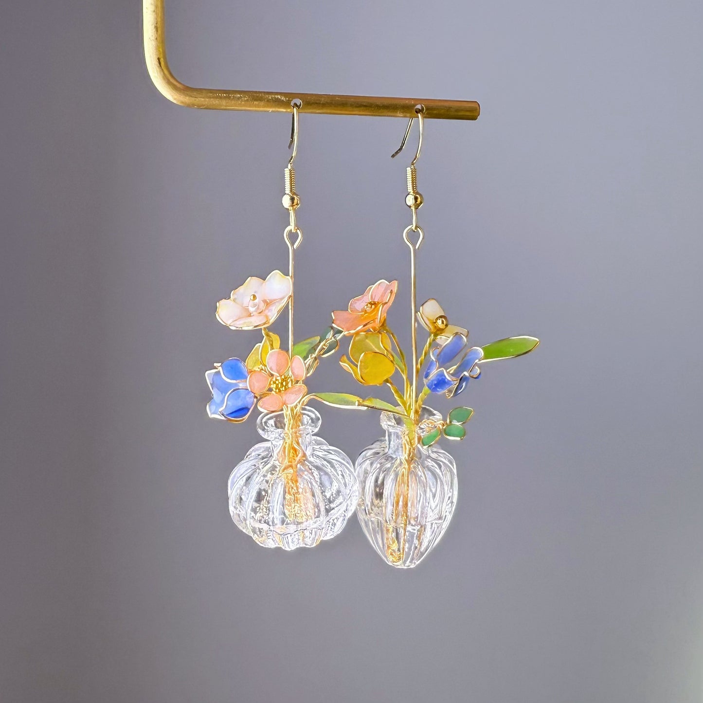 Handmade Summer Flowers Bouquet in Vase Drop Earrings