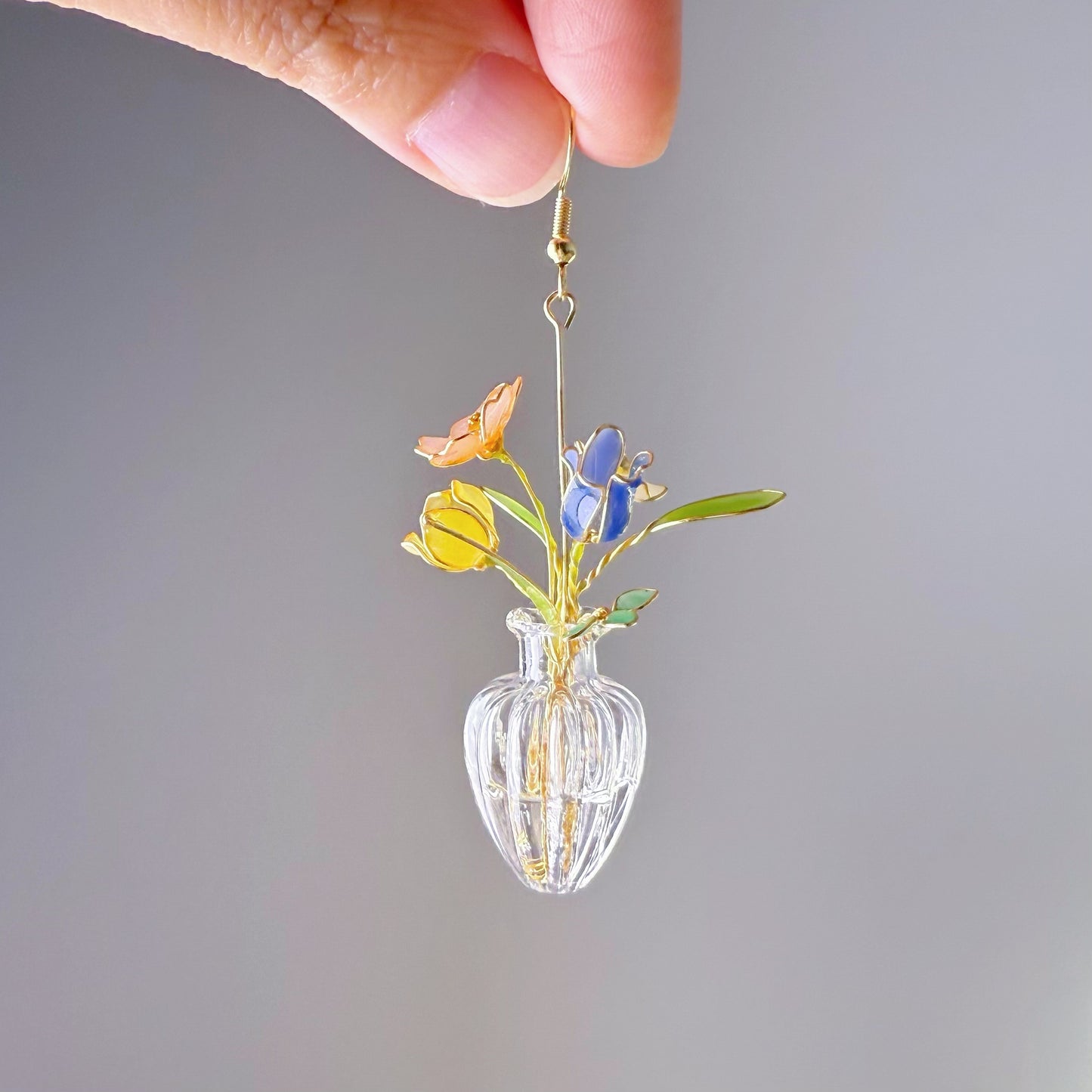 Handmade Summer Flowers Bouquet in Vase Drop Earrings