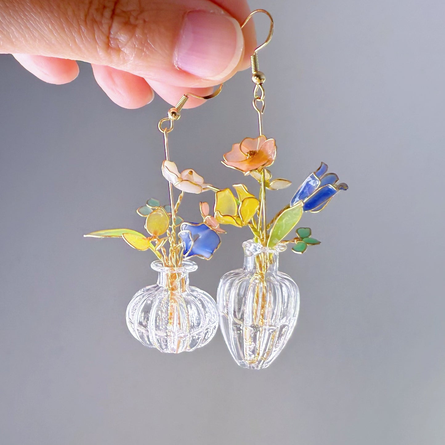 Handmade Summer Flowers Bouquet in Vase Drop Earrings