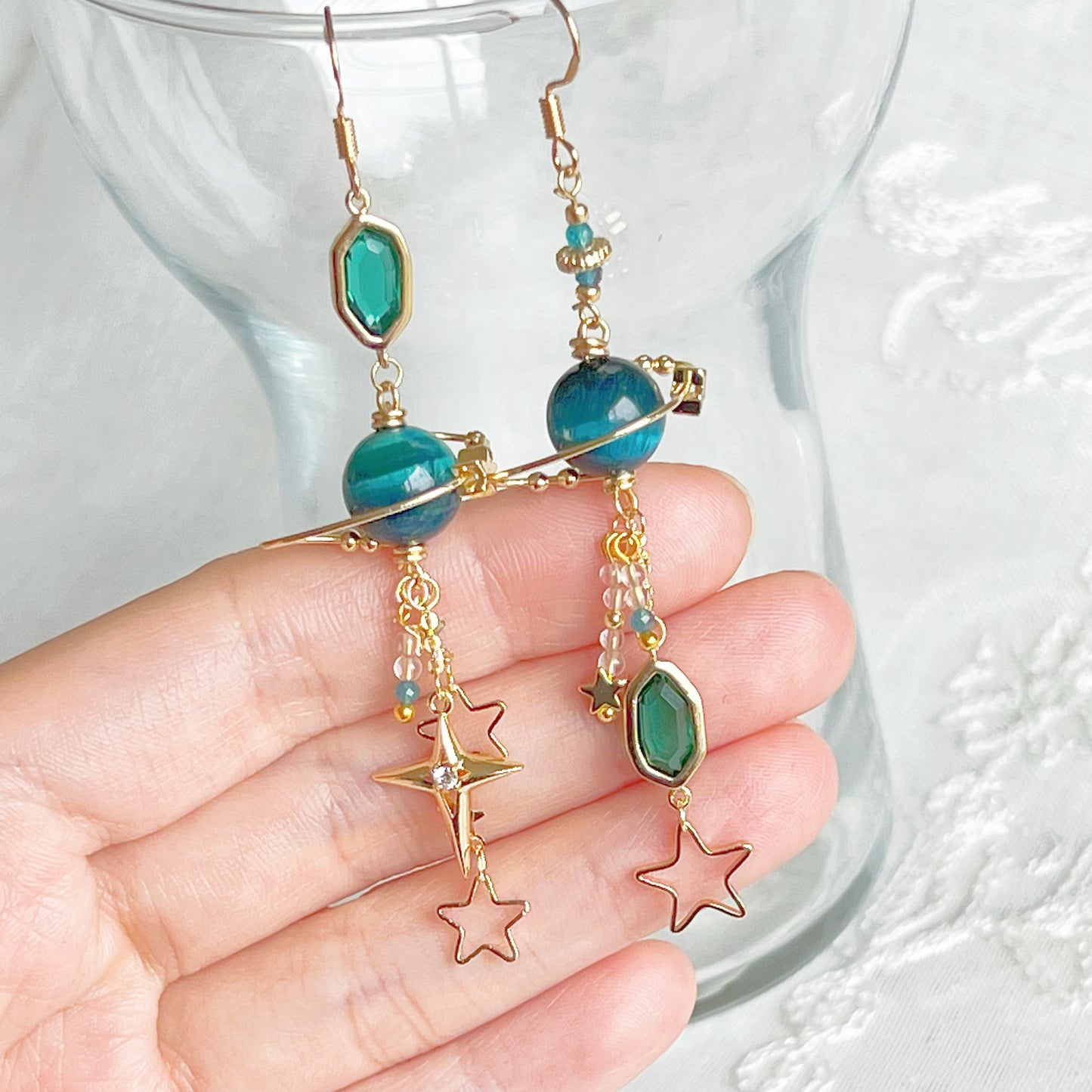 Blue Tiger's Eye Planet Earrings-Ninaouity