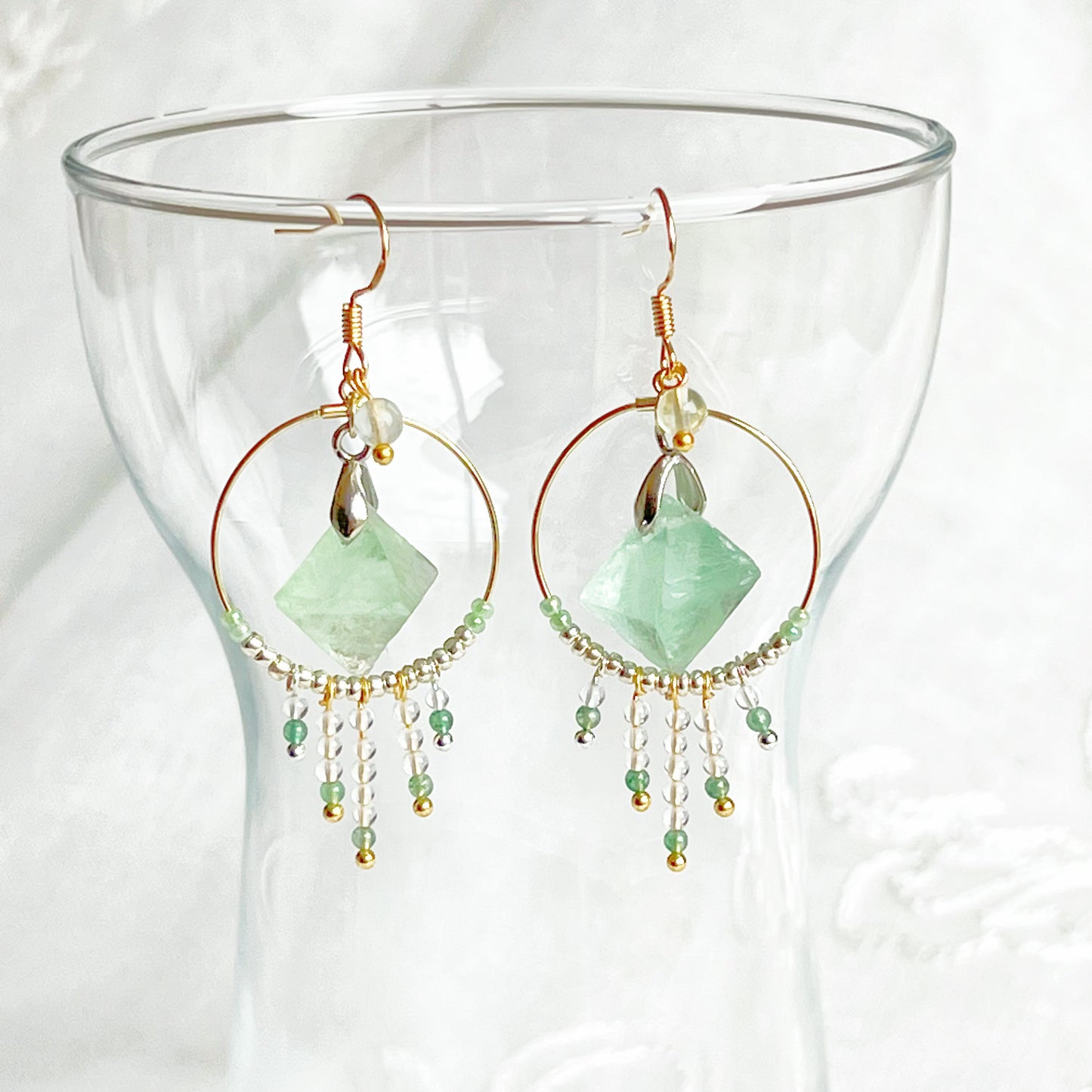 Octahedral Fluorite Stone in Hoop Earrings-Ninaouity