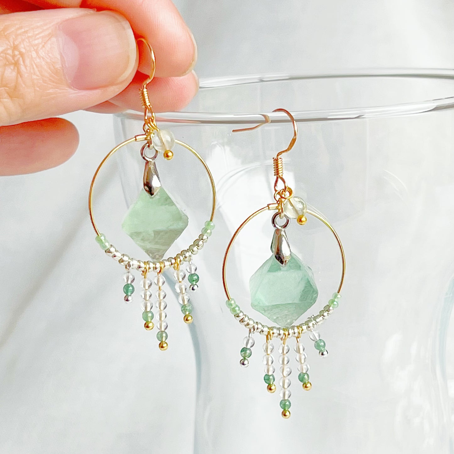 Octahedral Fluorite Stone in Hoop Earrings-Ninaouity