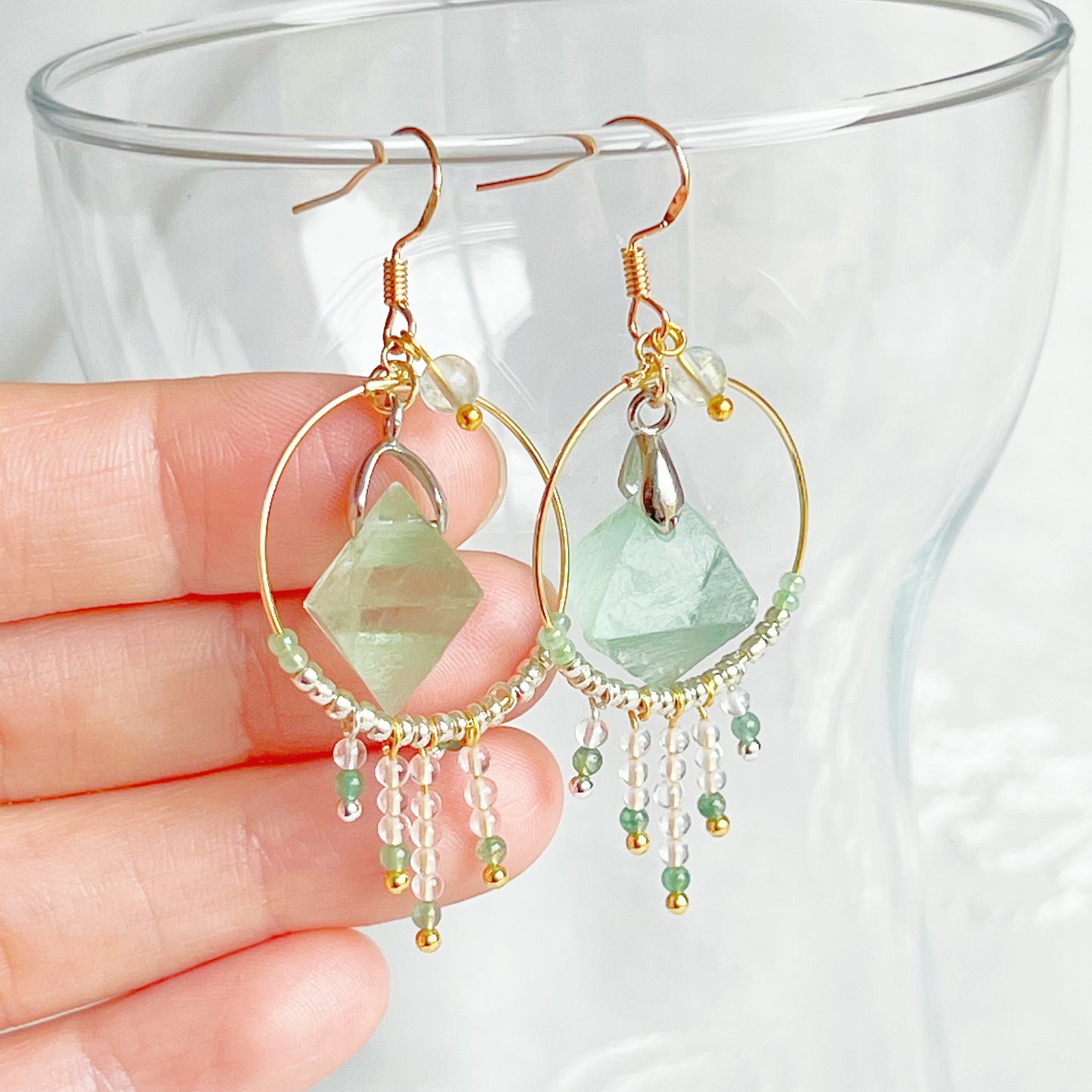 Octahedral Fluorite Stone in Hoop Earrings-Ninaouity
