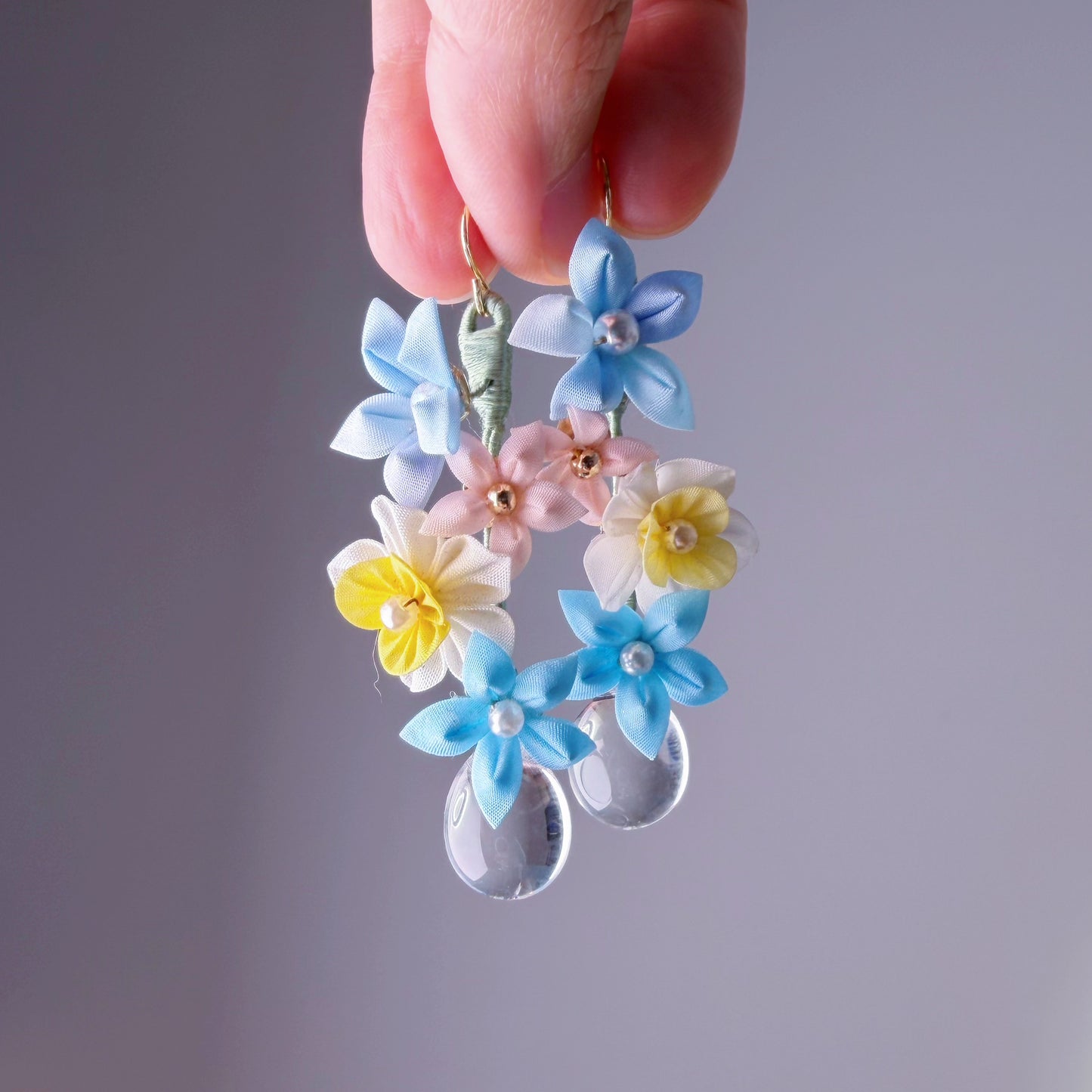 Blue Hydrangeas and Daffodil with Clear Water Drop Fabric Flowers Earrings