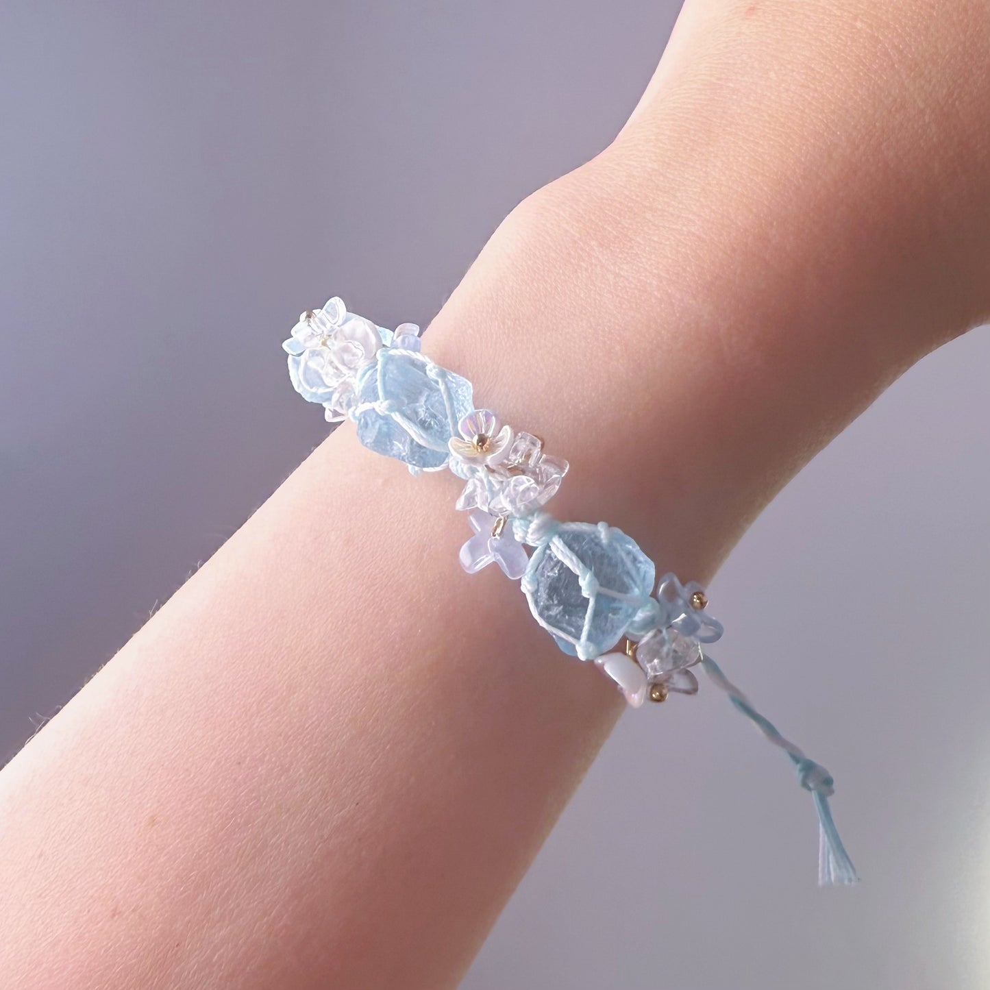 Quartzberry - Throat and Heart Chakra Aquamarine Crystal and Little Flowers Handmade Macrame Bracelet