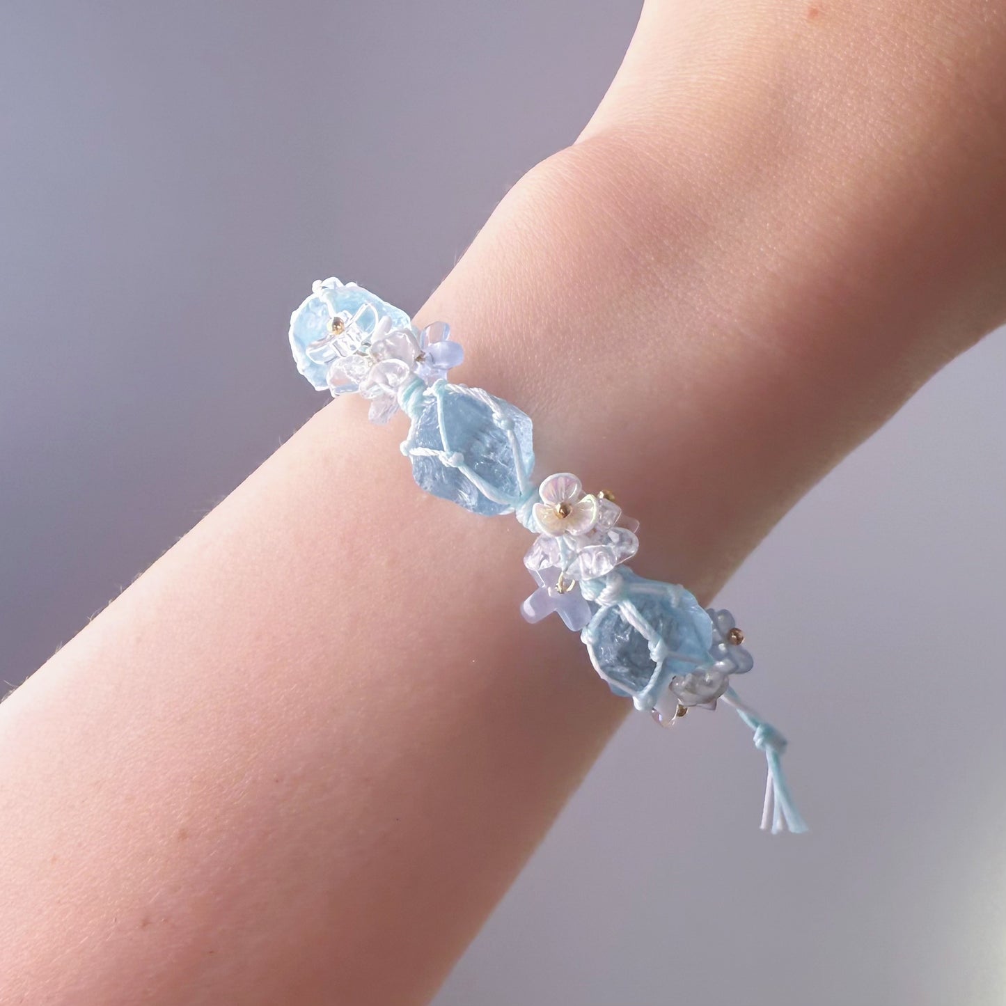 Quartzberry - Throat and Heart Chakra Aquamarine Crystal and Little Flowers Handmade Macrame Bracelet