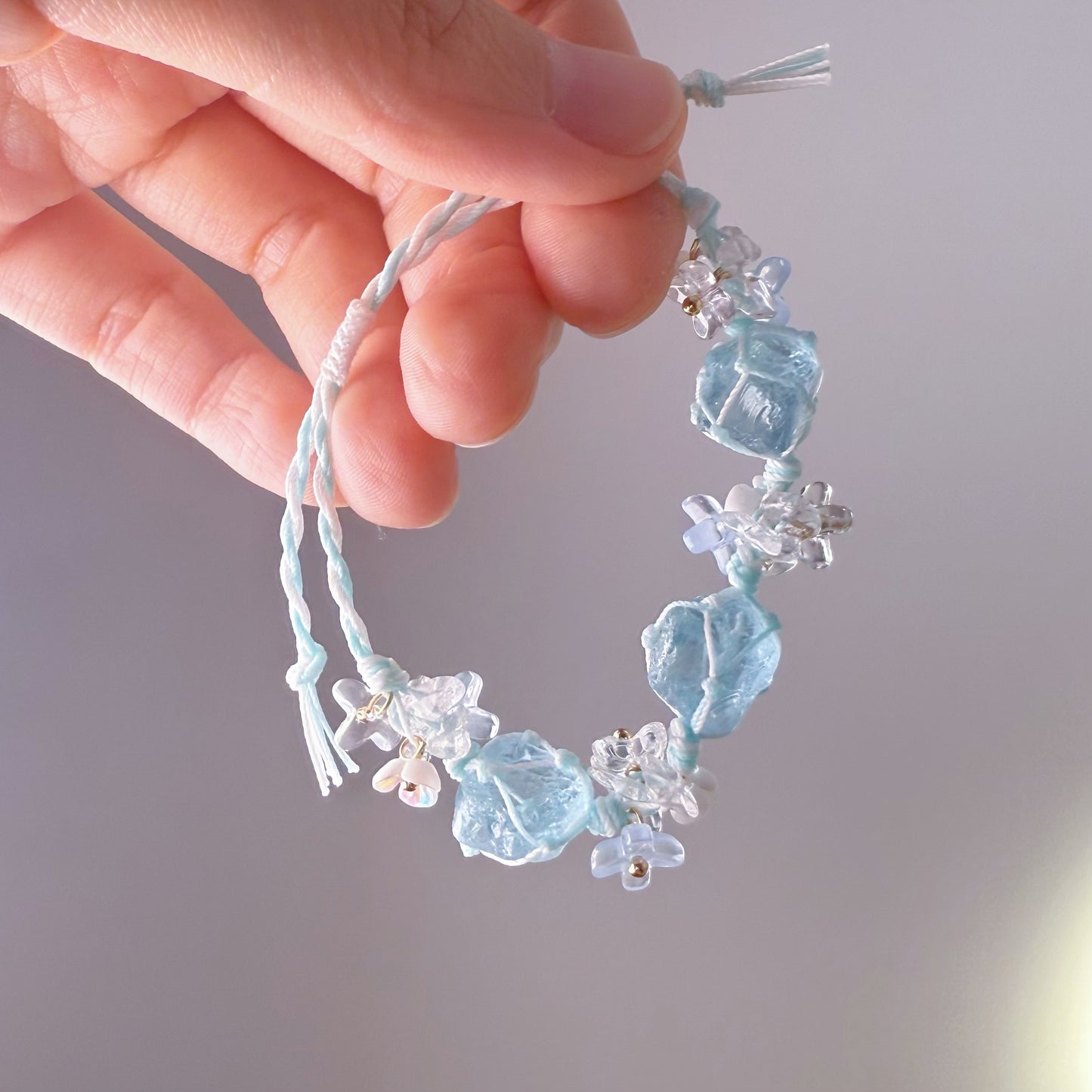 Quartzberry - Throat and Heart Chakra Aquamarine Crystal and Little Flowers Handmade Macrame Bracelet