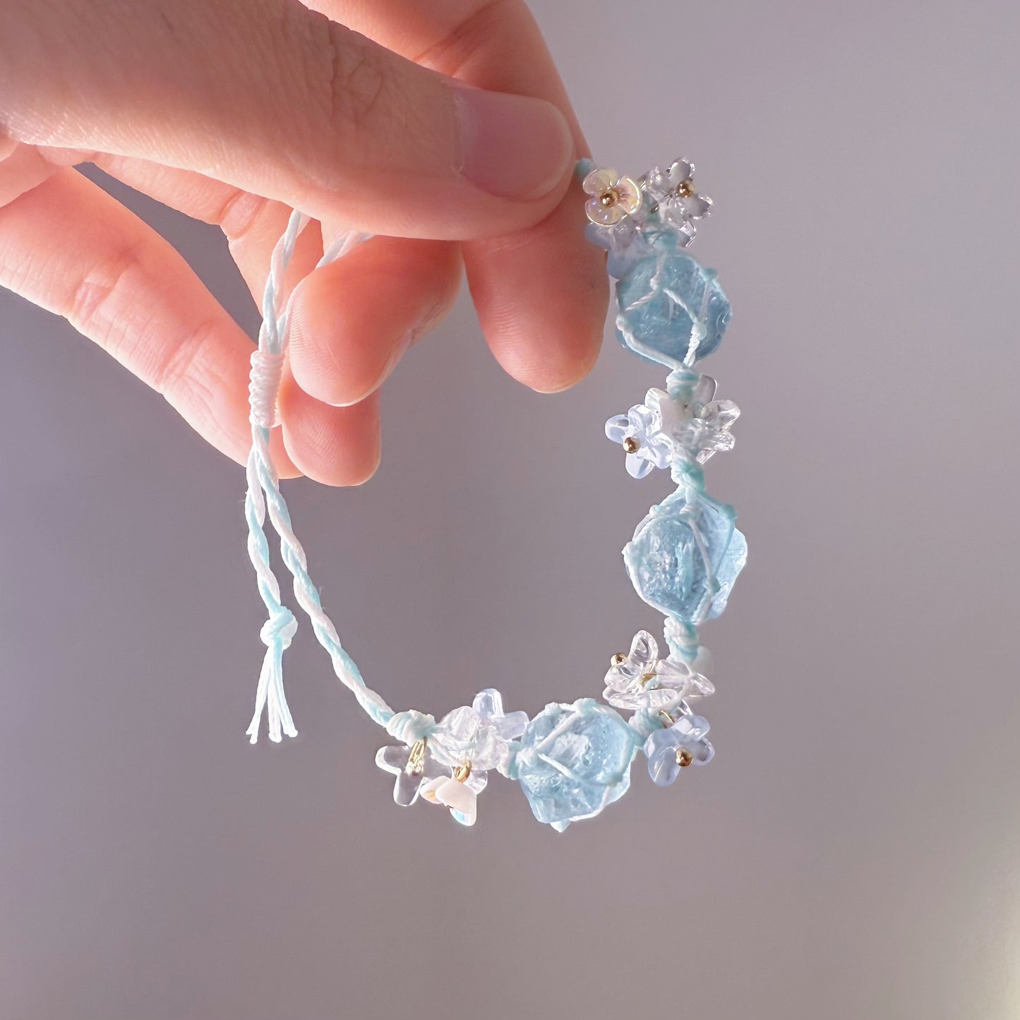 Quartzberry - Throat and Heart Chakra Aquamarine Crystal and Little Flowers Handmade Macrame Bracelet
