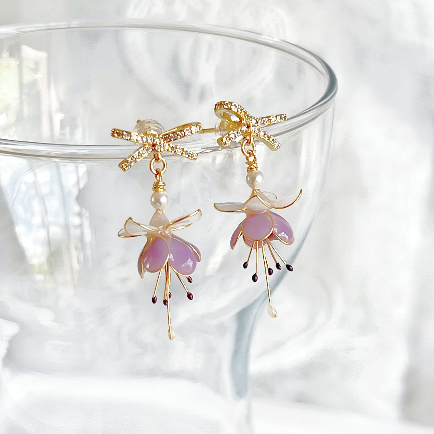 Purple Fuchsia Flower and Bow Earrings-Ninaouity