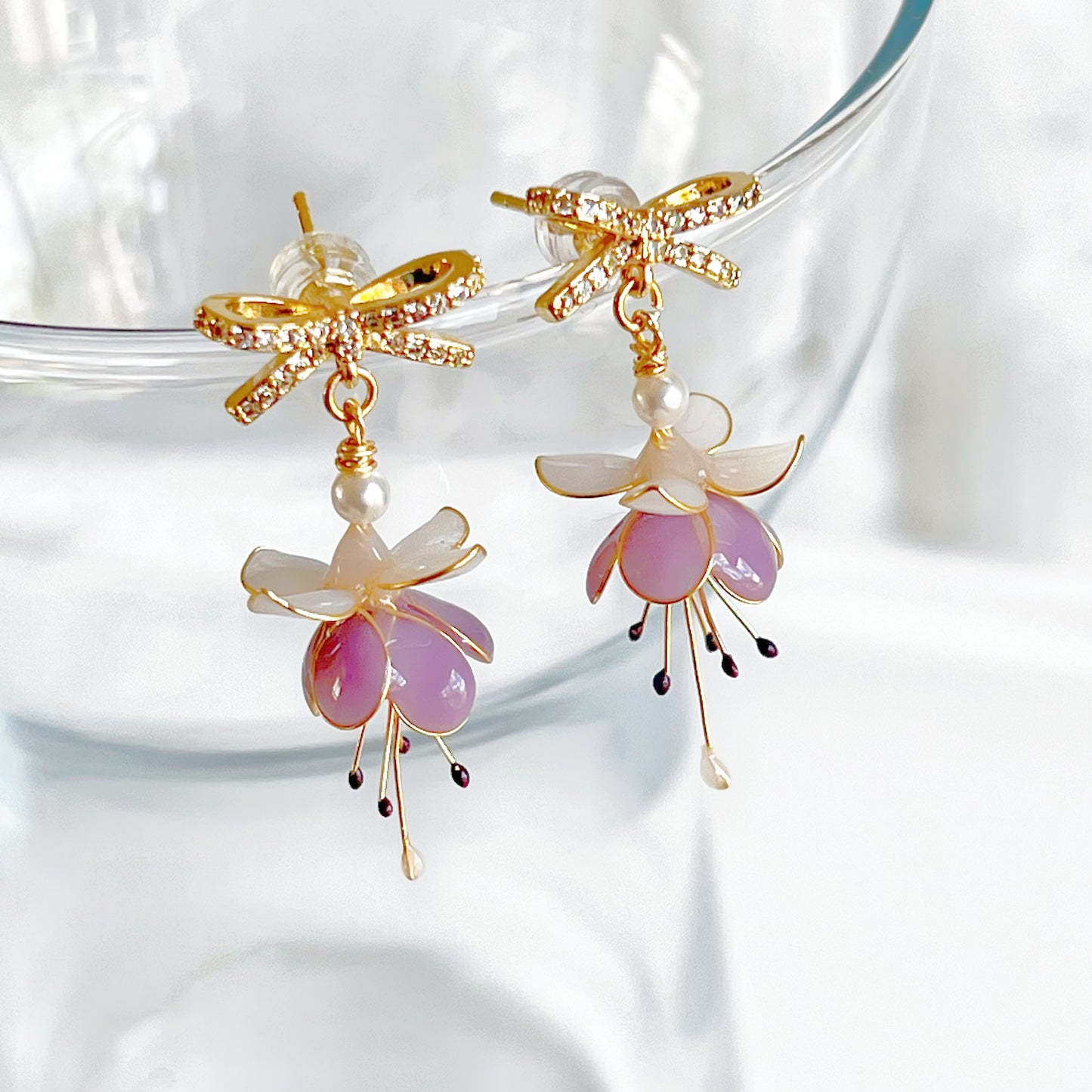 Purple Fuchsia Flower and Bow Earrings-Ninaouity