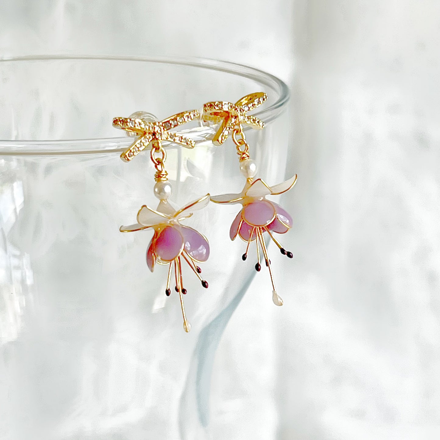 Purple Fuchsia Flower and Bow Earrings-Ninaouity