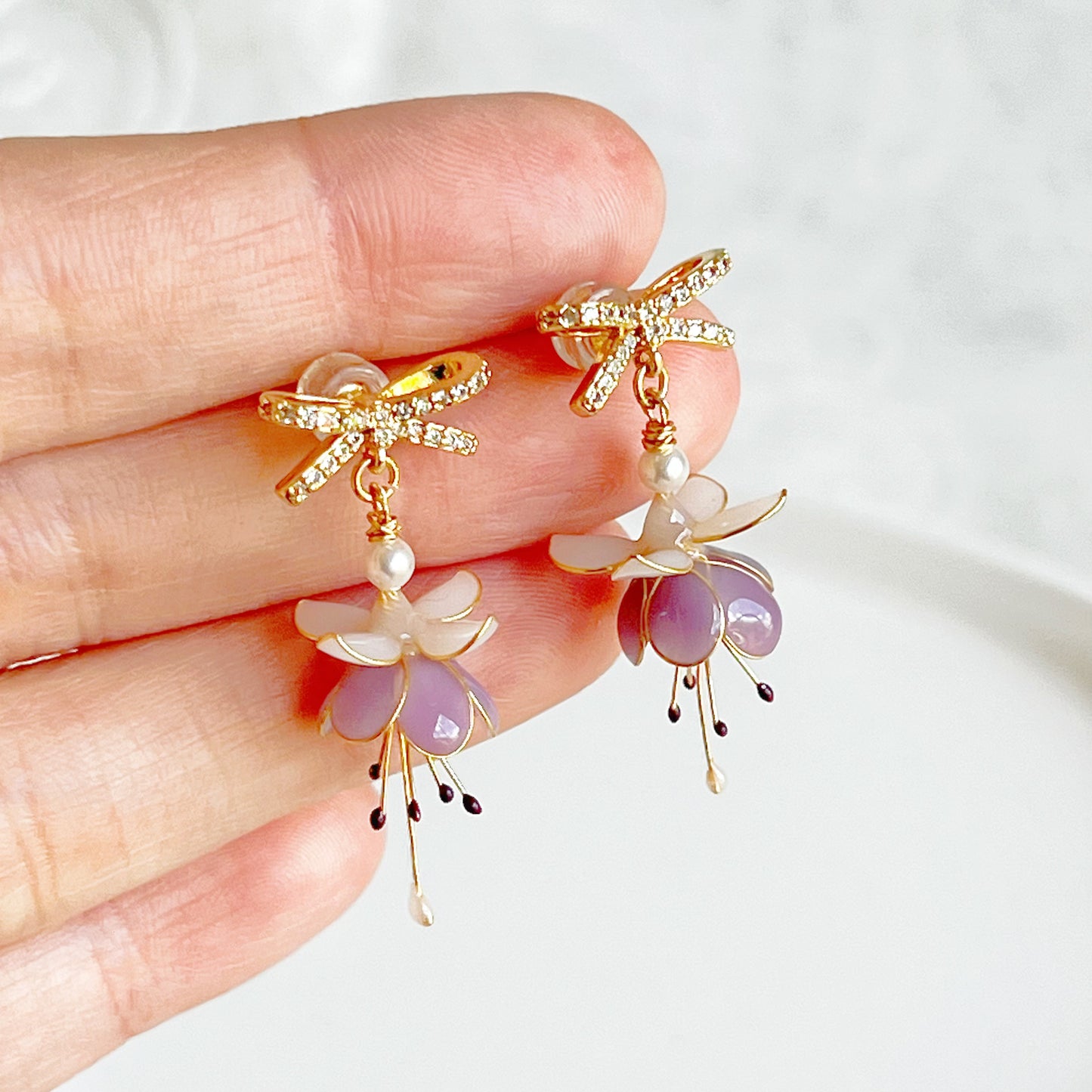 Purple Fuchsia Flower and Bow Earrings-Ninaouity