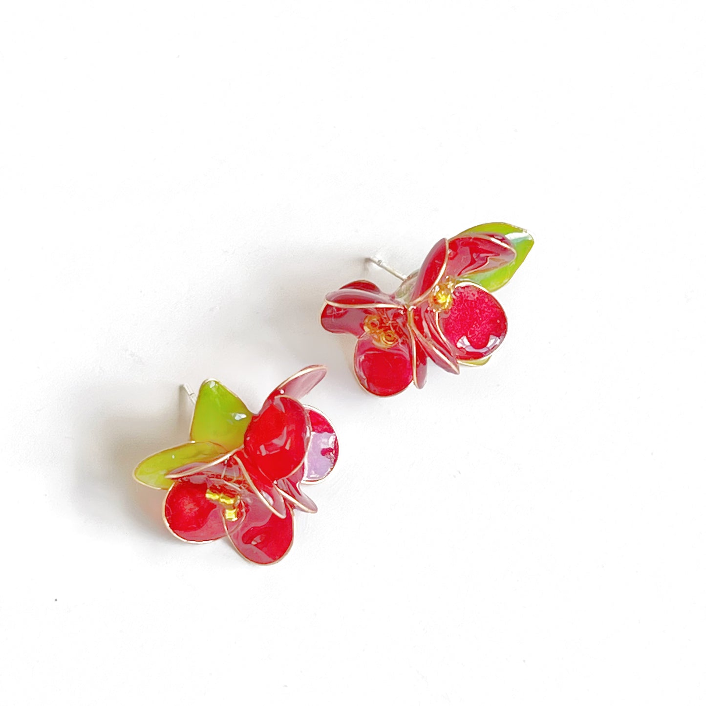 Handmade Two Red Camellia Flower Earrings-Ninaouity