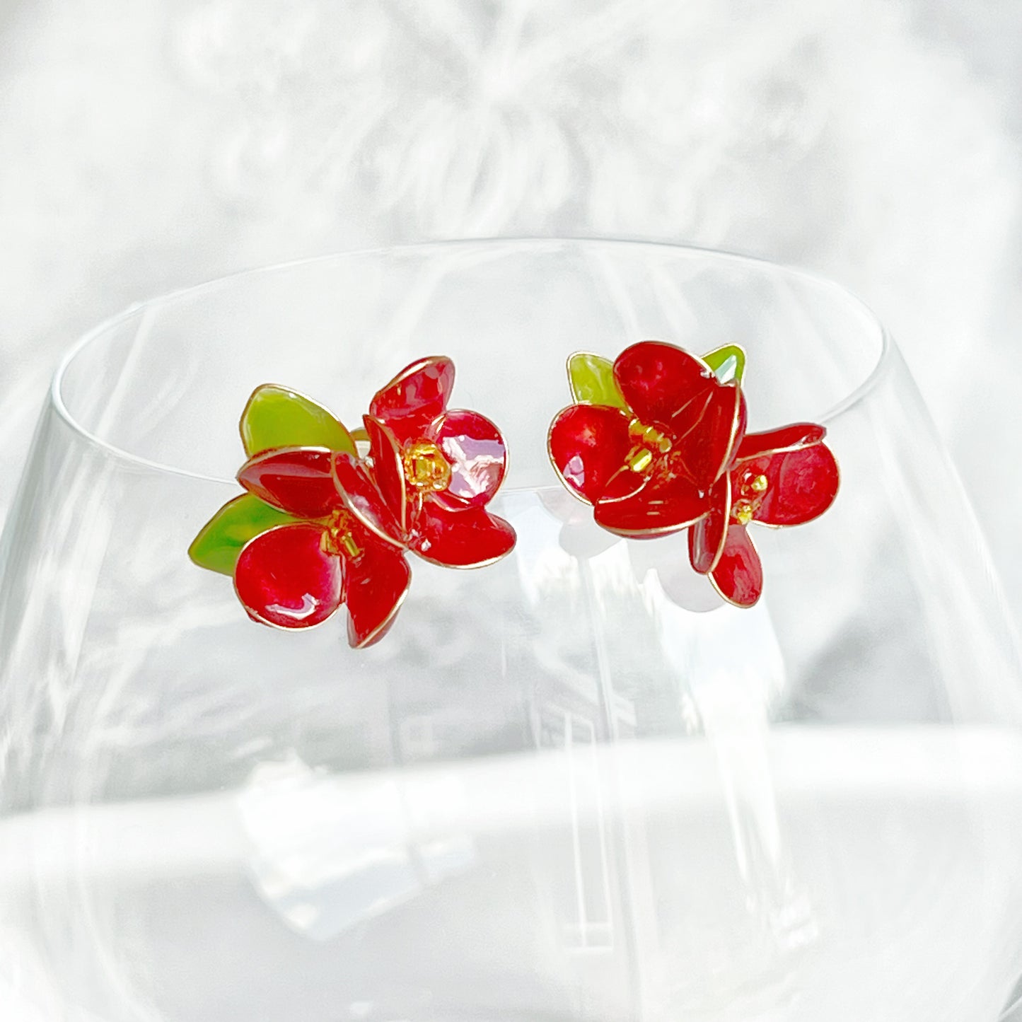 Handmade Two Red Camellia Flower Earrings-Ninaouity