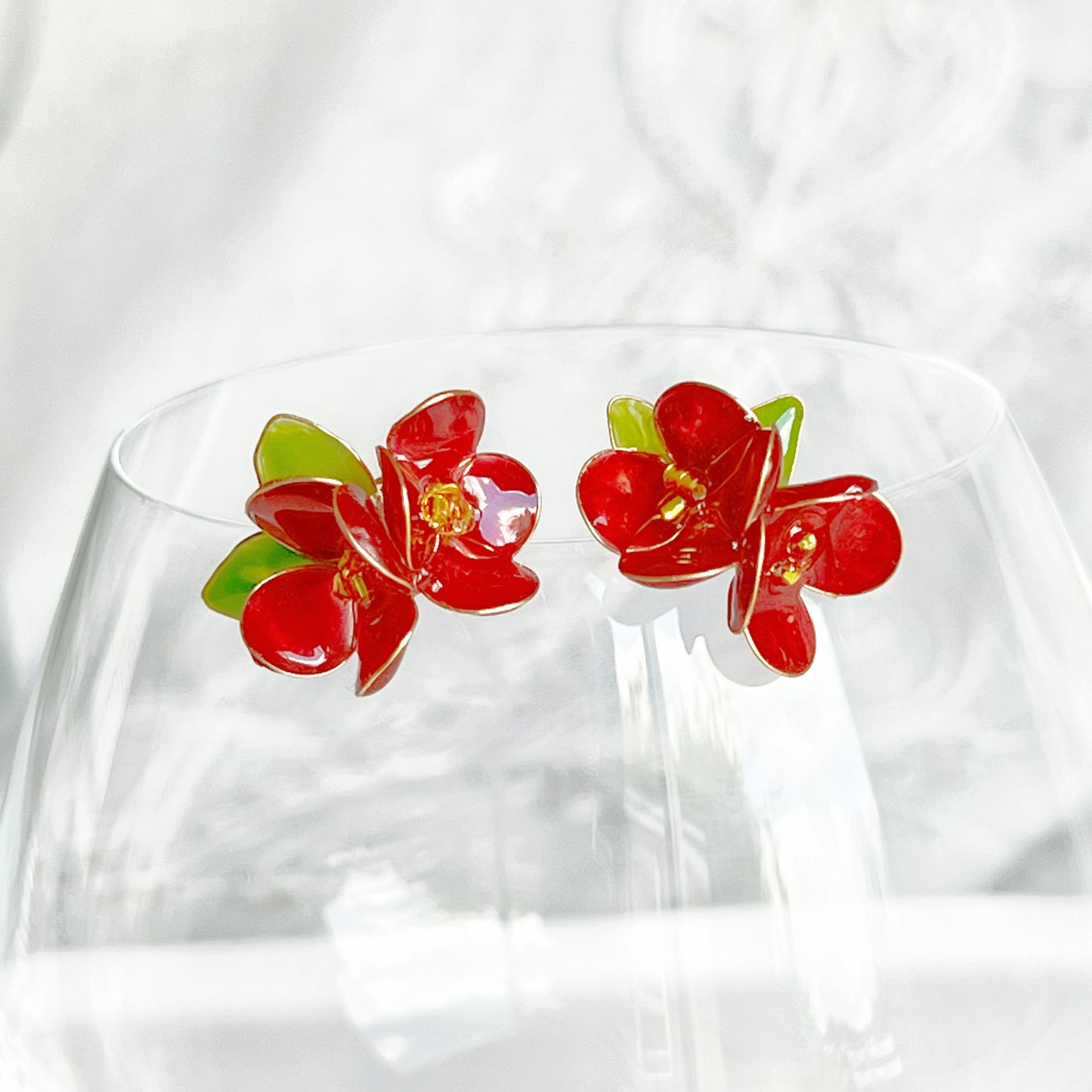 Handmade Two Red Camellia Flower Earrings-Ninaouity