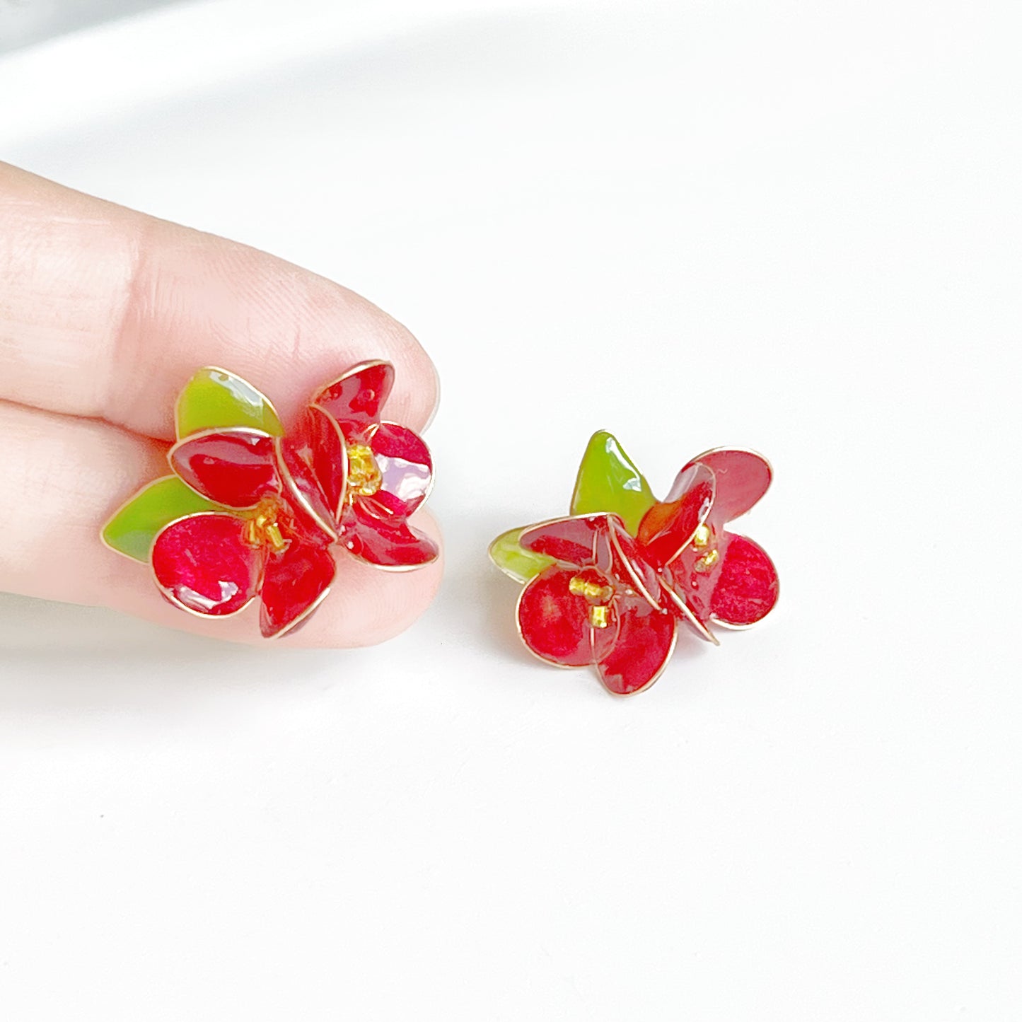 Handmade Two Red Camellia Flower Earrings-Ninaouity