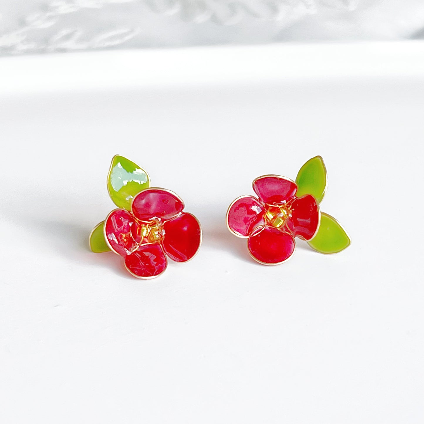 Handmade Red Camellia Flower Earrings-Ninaouity