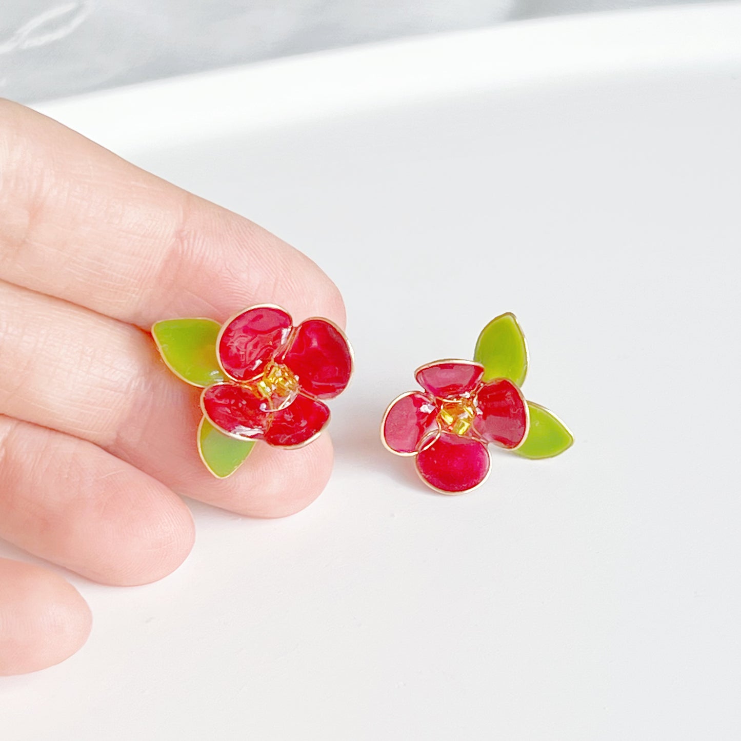 Handmade Red Camellia Flower Earrings-Ninaouity