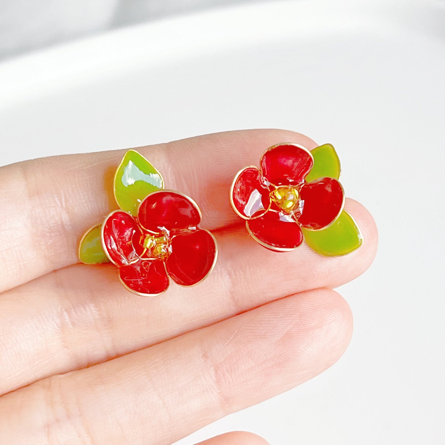 Handmade Red Camellia Flower Earrings-Ninaouity
