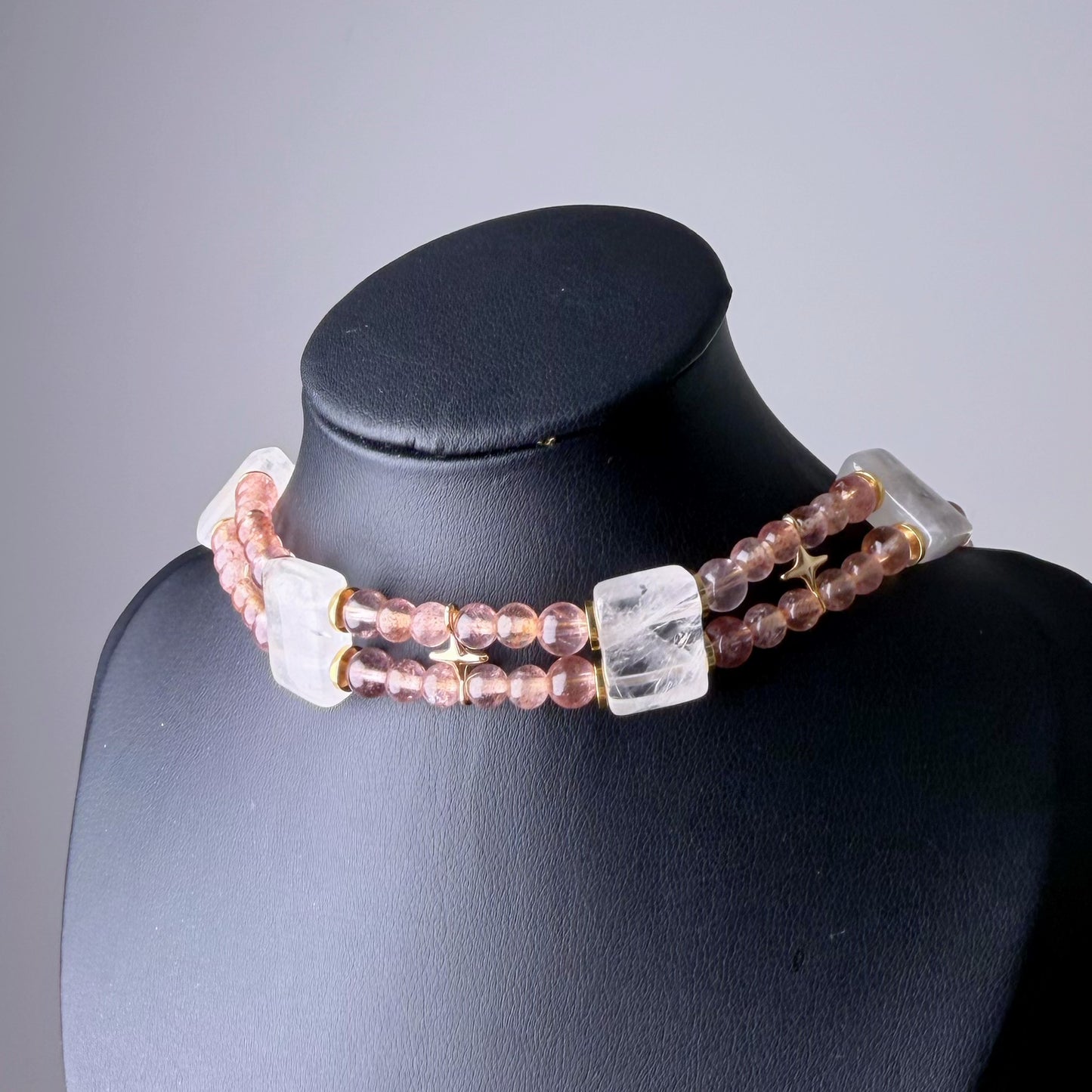 Handmade Strawberry Quartz and White Phantom Quartz Celestial Choker Bracelet