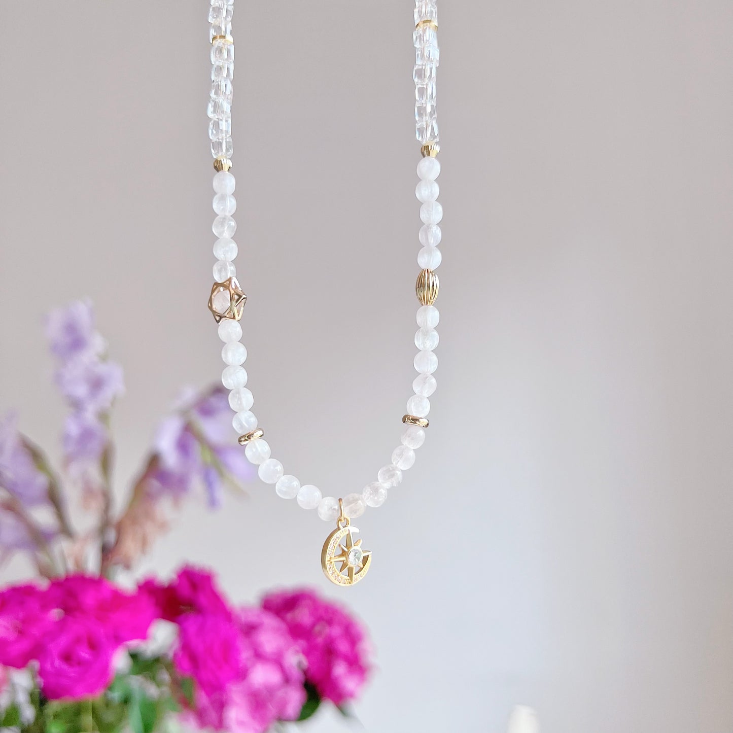 Light Purple Kunzite Crystal with Celestial Pendant Necklace-Ninaouity