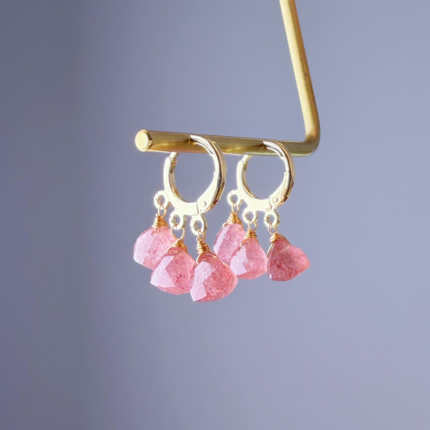 Handmade Natural Red Strawberry Triangle Cut Quartz Hoop Earrings