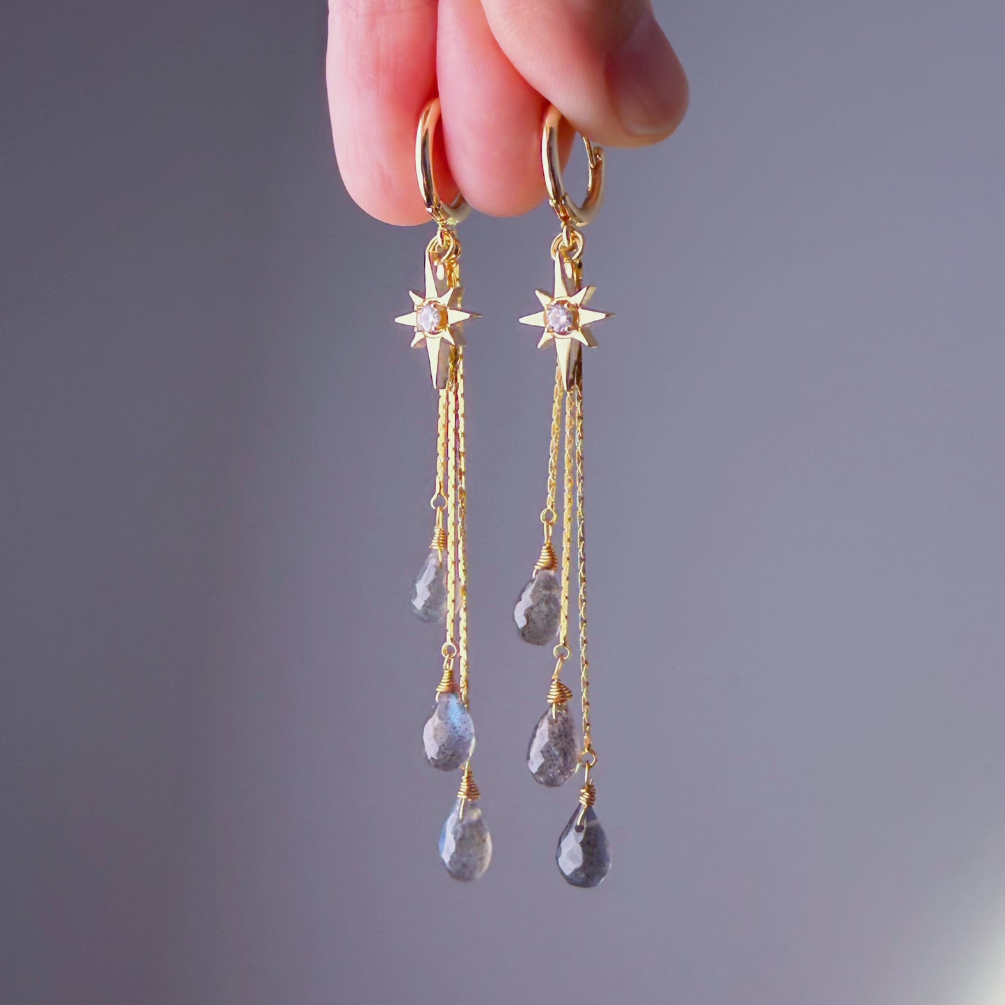 Handmade Natural Labradorite Faceted Crystal Star Hoop Earrings